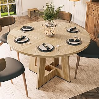 YOUDENOVA Runder Esstisch 120 cm, Esszimmertisch Holz Für 4‑6 Personen, Rustikale Küchentisch‑Ästhetik Mit Modernem Geometrie Junkturfuss, Natur (OHNE STÜHLE)