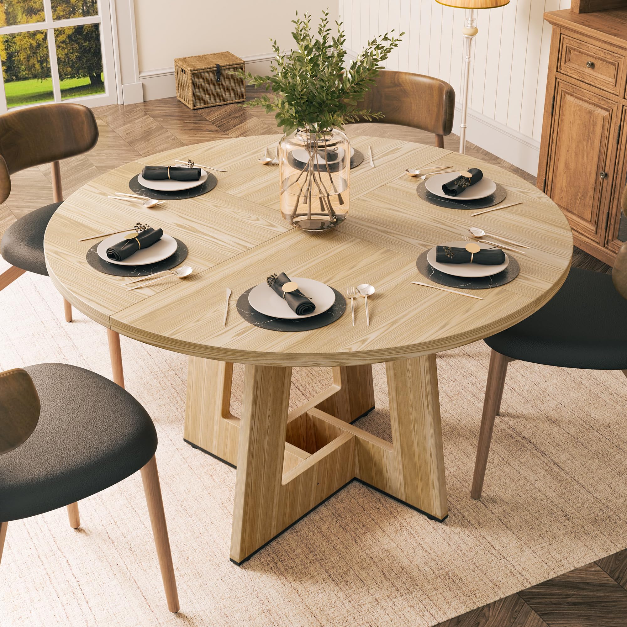 YOUDENOVA Tavolo da pranzo rotondo 120 cm, tavolo da pranzo in legno per 4-6 persone, estetica rustica da cucina con piedini a giuntura geometrica moderna, naturale (SENZA SEDIE)