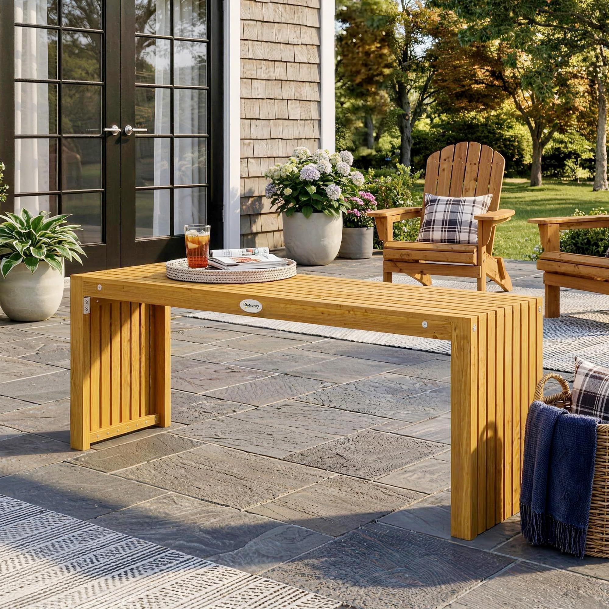 Outsunny Banc de Jardin en Bois d'Acacia, Banc d'Extérieur sans Dossier 2 Places avec Assise à Lattes Effet Bois, Charge 240 kg, 110x30x45cm, Bois Naturel