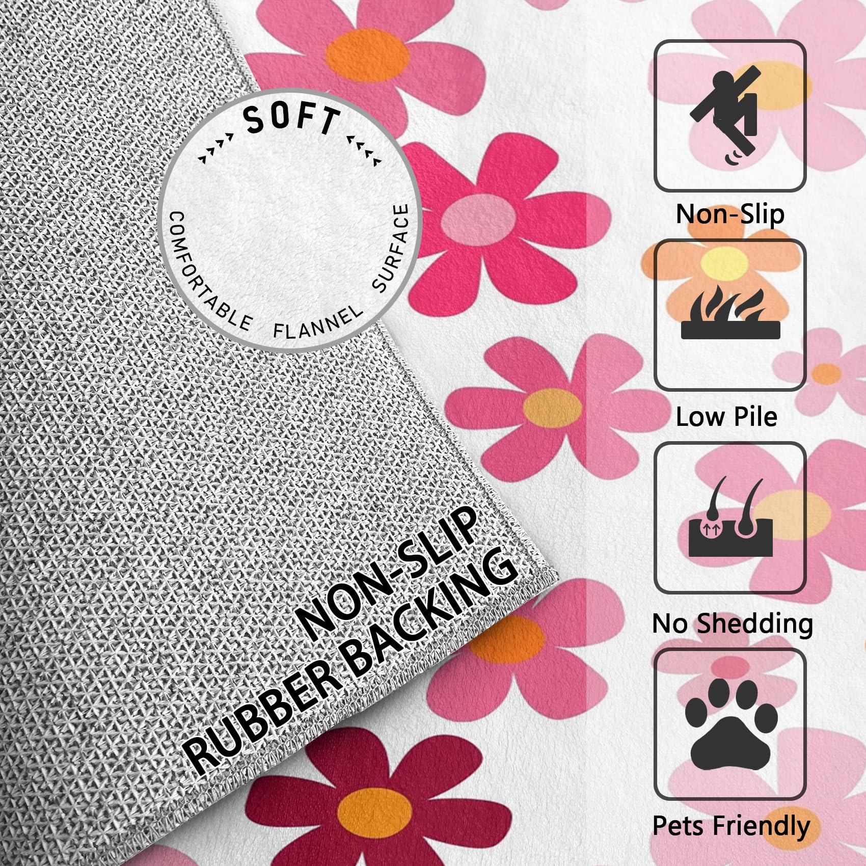 Generisch Blumen Teppich Kinderzimmer - Teppich Wohnzimmer Schlafzimmer Rosa Blumen, Kleiner Teppich Kinder Mädchen, Weich Kurzflor & Waschbar & rutschfest Fussmatte Innen, Kinderteppich 80x150 cm