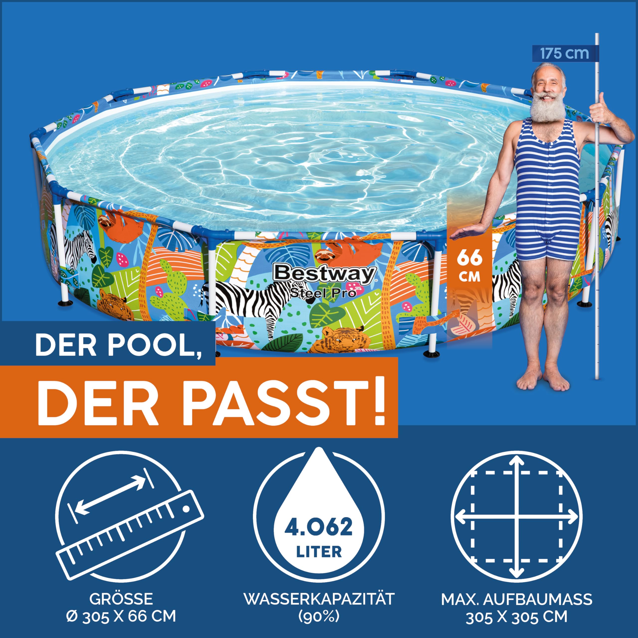 Bestway Steel Pro Paradise Frame Pool, rund, ohne Pumpe, 305 x 66 cm, 56985, Blau, Ø 305 x 66 cm