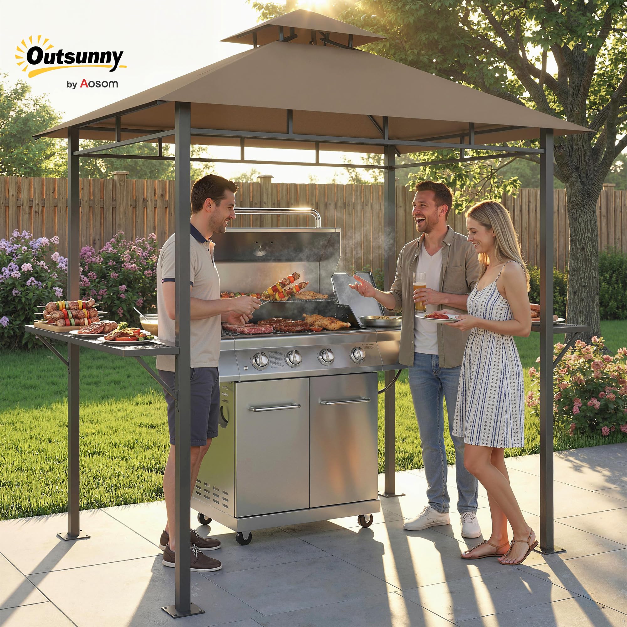 Outsunny Rifugio per barbecue all'aperto, gazebo da giardino, 245 x 146 x 255 cm, doppio tetto, 2 ripiani laterali, telaio in metallo, gazebo per barbecue, esterno per feste, picnic, terrazza, marrone