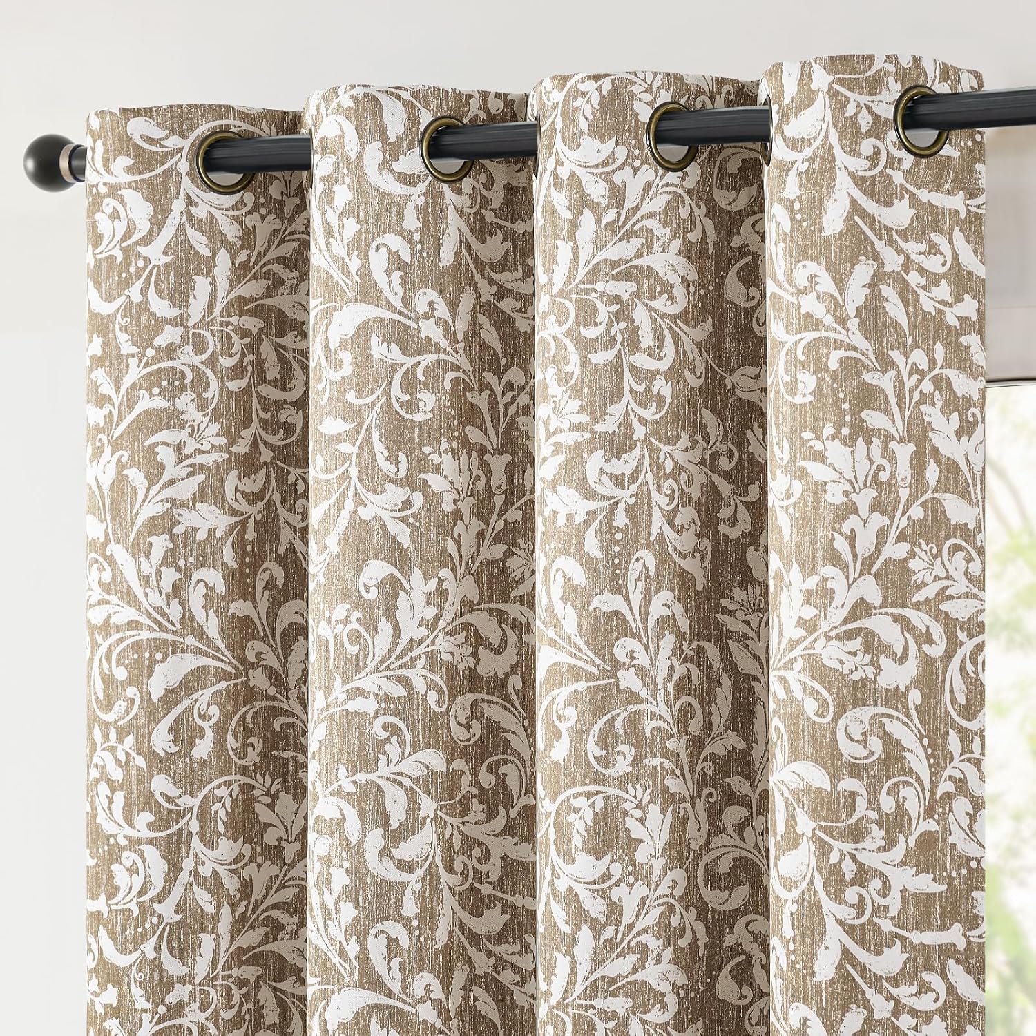 JINCHAN 100% Blackout Curtains for Bedroom, Taupe Scroll Floral Patterned Curtains 72 Inch Length for Living Room, Farmhouse Vintage Art Deco Drapes, Thermal Insulated Window Curtains Grommet 2 Panels