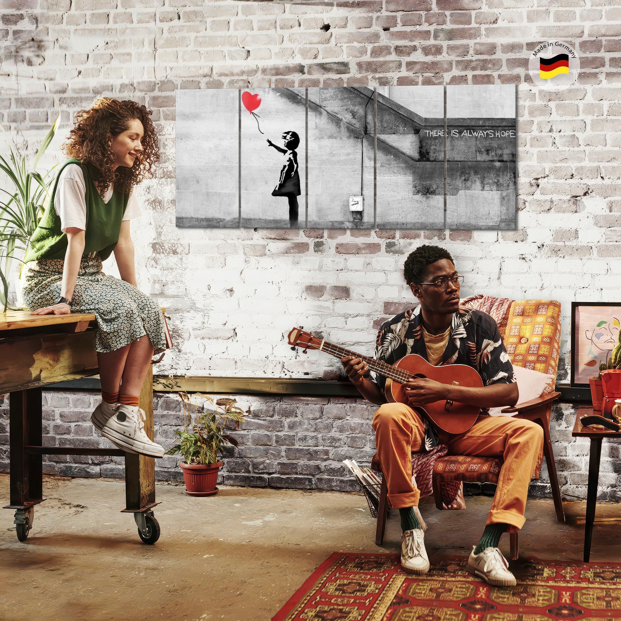 Runa Art Quadri XXL Banksy Palloncino Ragazza 200 x 80 cm Rosso 5 Pezzi - Made in Germany - 301655a