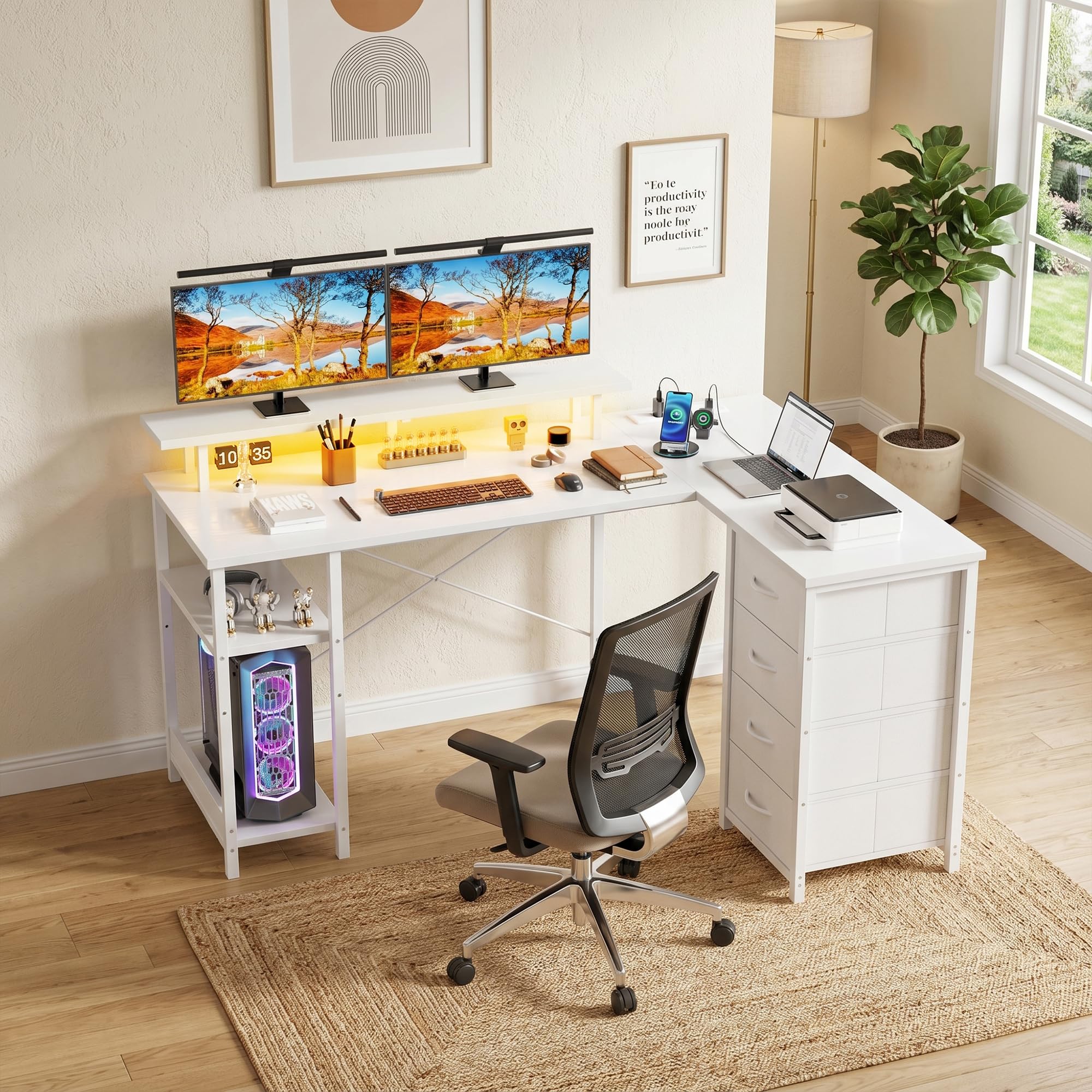 YOUDENOVA Scrivania con 4 Cassetti, 142x107 cm, Scrivania Angolare Reversibile con LED e Presa, Scrivania Gaming a L con Supporto per Monitor, Spazio di Archiviazione, per Home Office e Gamer, Bianco