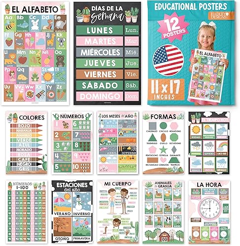12 carteles de cactus en español para decoraciones de aula para profesores de preescolar - Carteles de aula de español para primaria, carteles