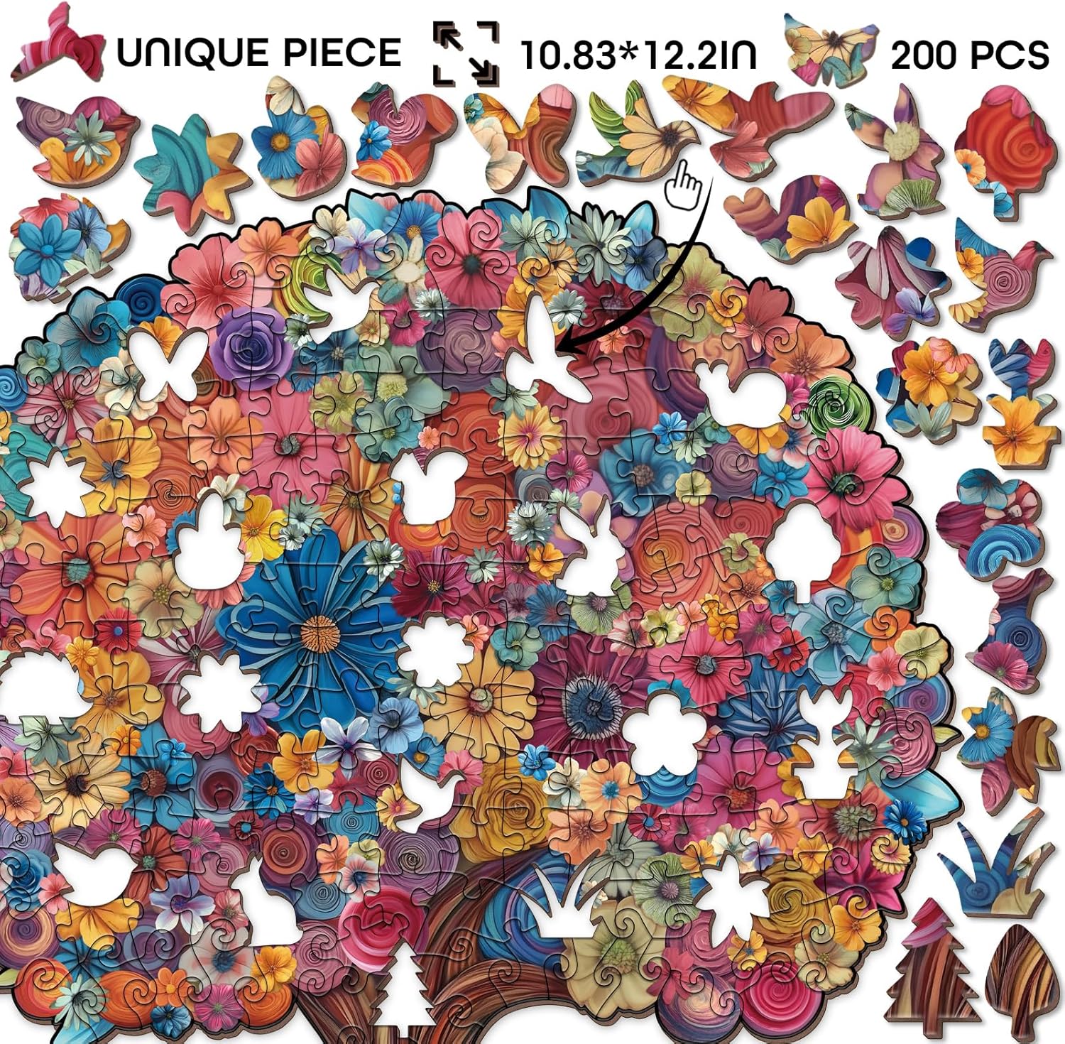 Colorful Flower Tree Wooden Puzzle for Adults 200 Pieces, Challenging Floral Tree Wood Puzzle for Adults, Unique Shape Pretty Puzzle 200 Pieces