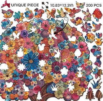 Colorful Flower Tree Wooden Puzzle for Adults 200 Pieces, Challenging Floral Tree Wood Puzzle for Adults, Unique Shape Pretty Puzzle 200 Pieces
