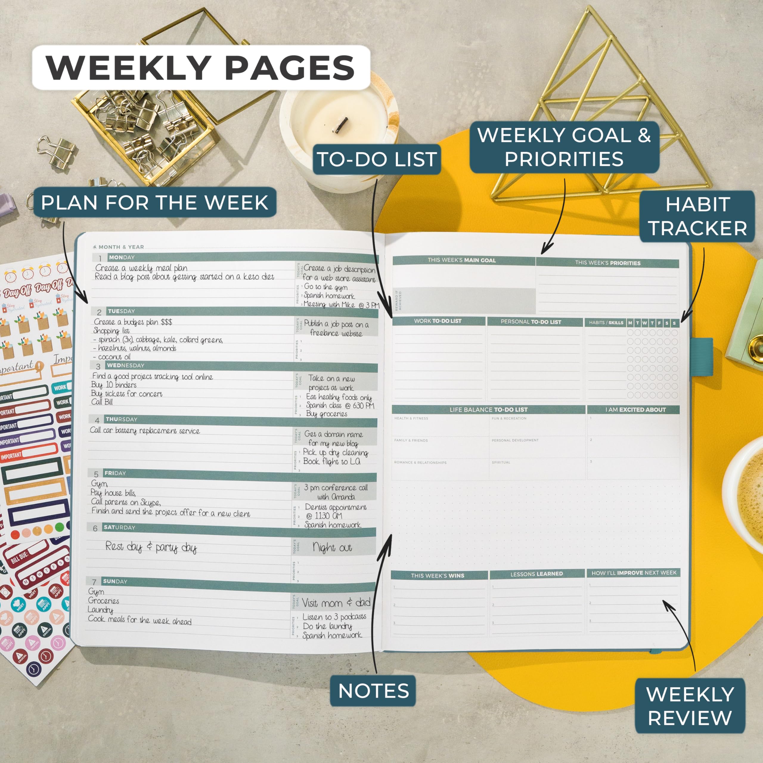 Clever Fox Planner PRO 2ª edición – Agenda semanal sin fecha para tareas y gestión del tiempo – Organizador de vida con lista de tareas, 21,5 x 28 cm (verde azulado oscuro)