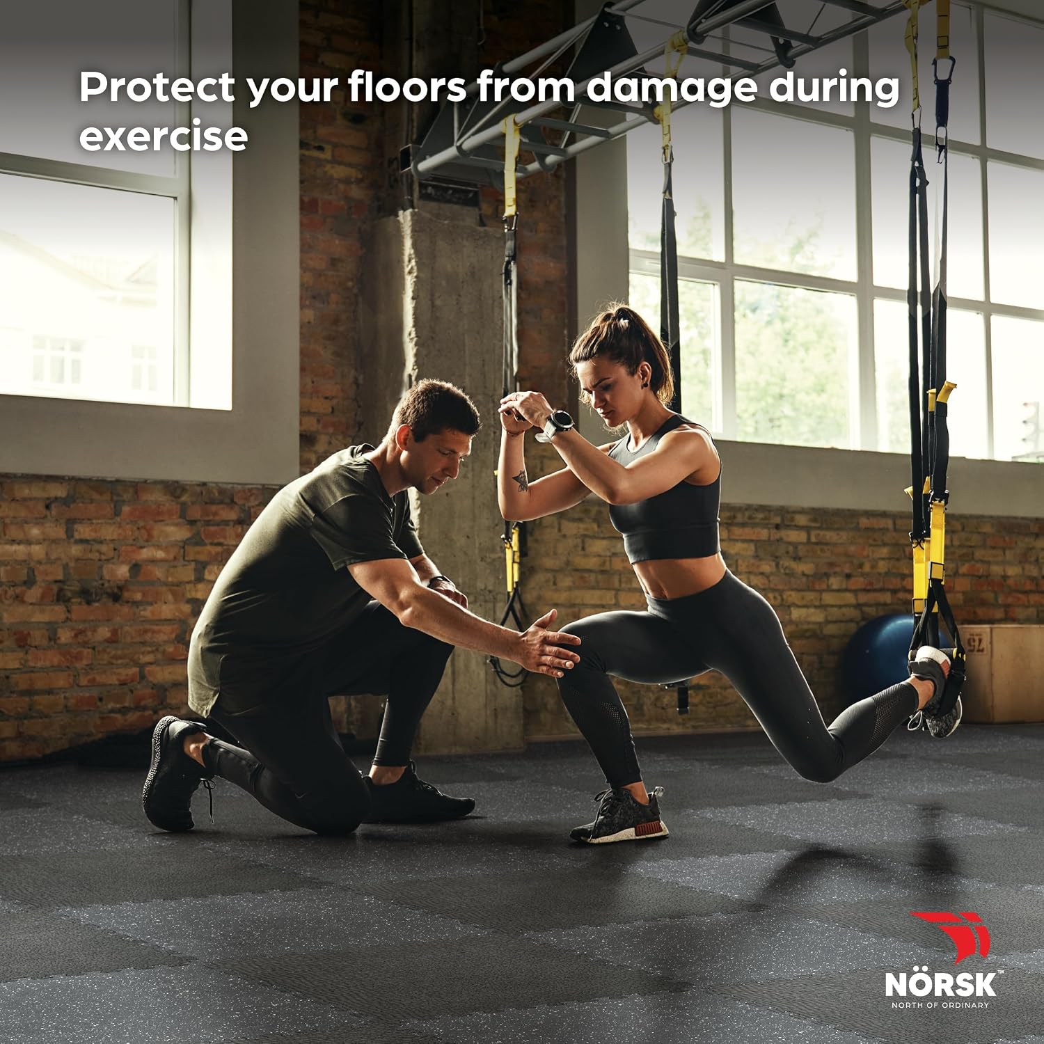 Norsk Dual-Surface Gym Exercise Mats 1/2" Thick EVA Interlocking Foam Tiles with Rubber-Tec Top Layer, Perfect Gym Flooring for Home Gym, 4 Tiles & 8 Trim Pieces, 17.64 Sq. Ft. 25"x25", Black/White