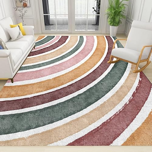 Alfombra bohemia colorida de arco iris, arte geométrico abstracto de mediados de siglo, alfombra suave y lavable, alfombra fácil de limpiar para