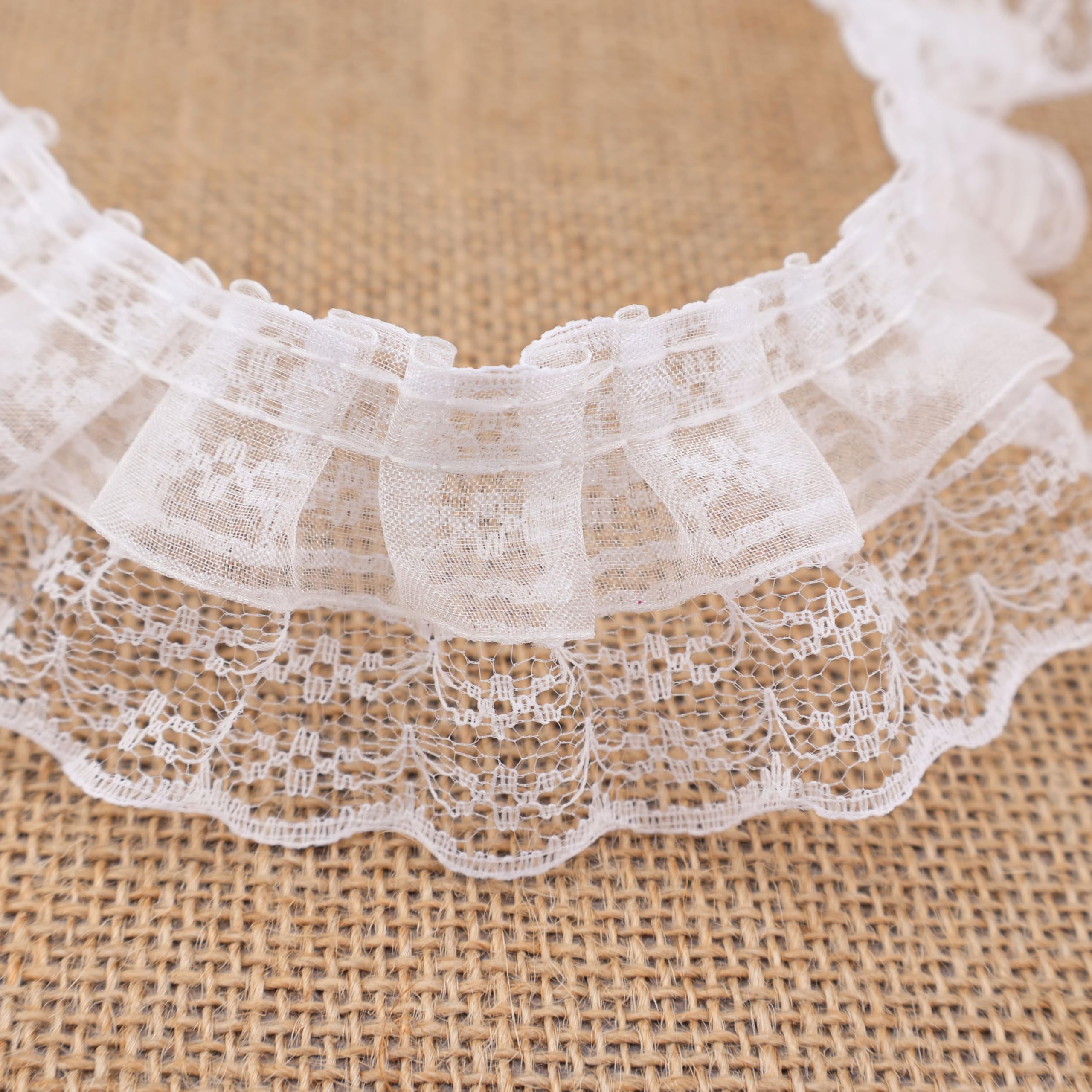 White Lace Ruffle Trim for Crafts 1-5/8"x5yd 2-Layer Pleated Edge Lace Ribbon