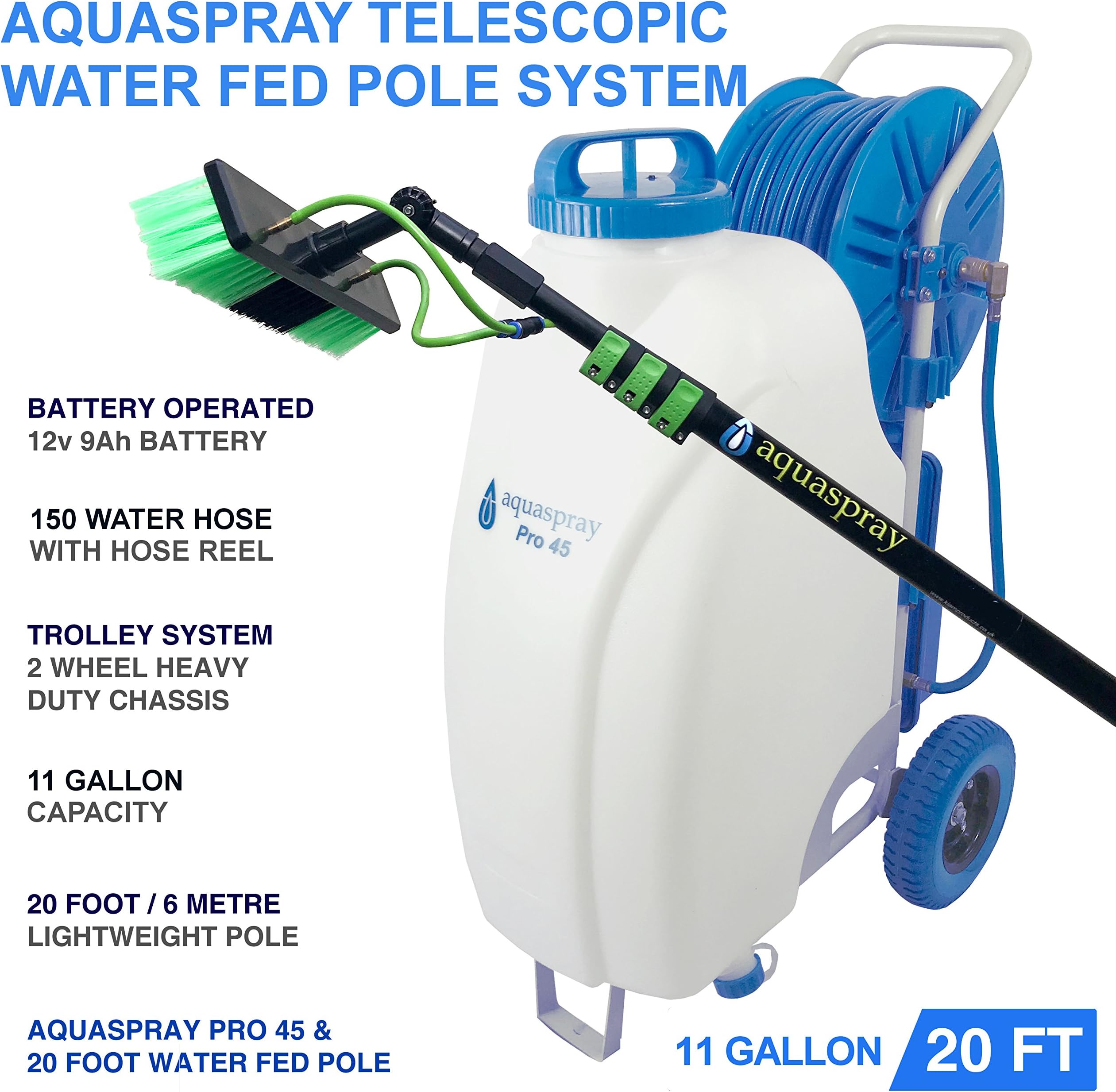 Window and Solar Panel Cleaning System 11 Gallon Water Tank and Water Fed Pole (TANK + 20 FT POLE)