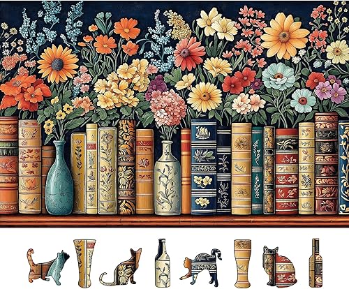 Vintage Books & Flowers - Rompecabezas de 500 piezas para adultos, rompecabezas de escena de biblioteca floral con flores coloridas, espinas