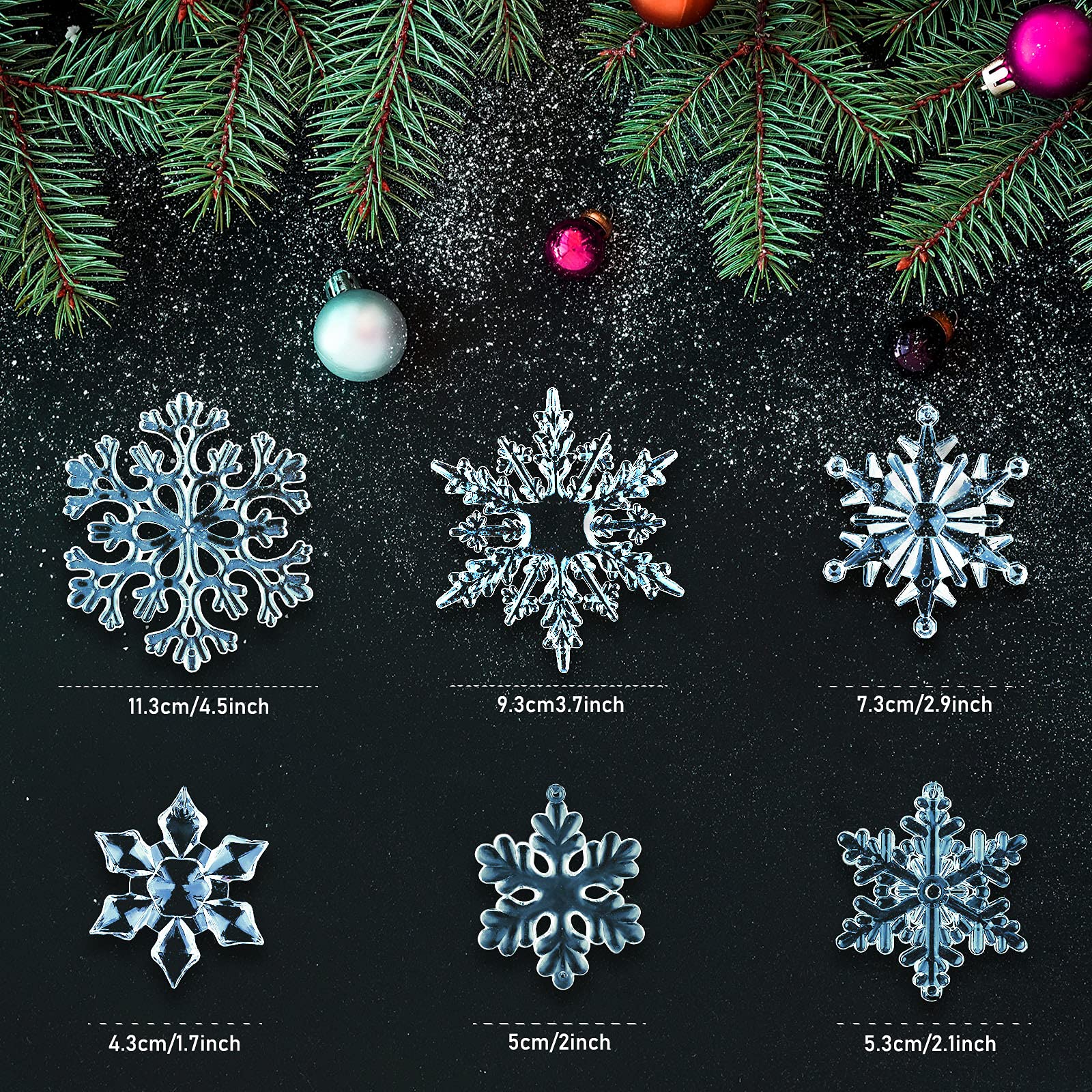 Acrylic Crystal Snowflakes Ornaments Acrylic Xmas Snowflakes for Christmas Winter DIY Decoration, Assorted Sizes 1.6/2/ 2.8/3.4/4.4 Inches (Blue, 24)