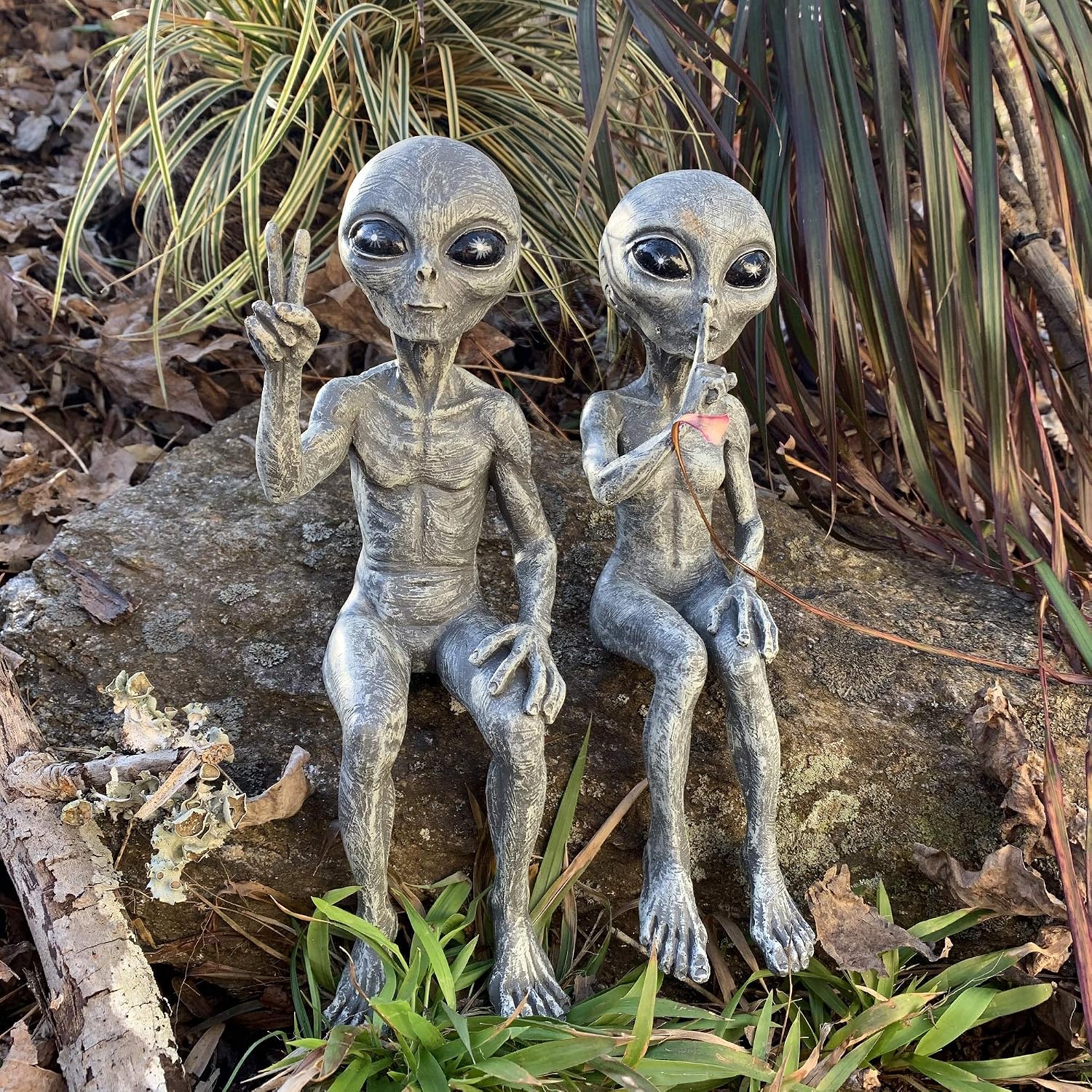 Ancient Mysteries Outer Space Alien Grays Peace Dude & Quite Babe UFO Extraterrestrial 10" H Shelf Sitters Martians Garden Statue Figurine Set