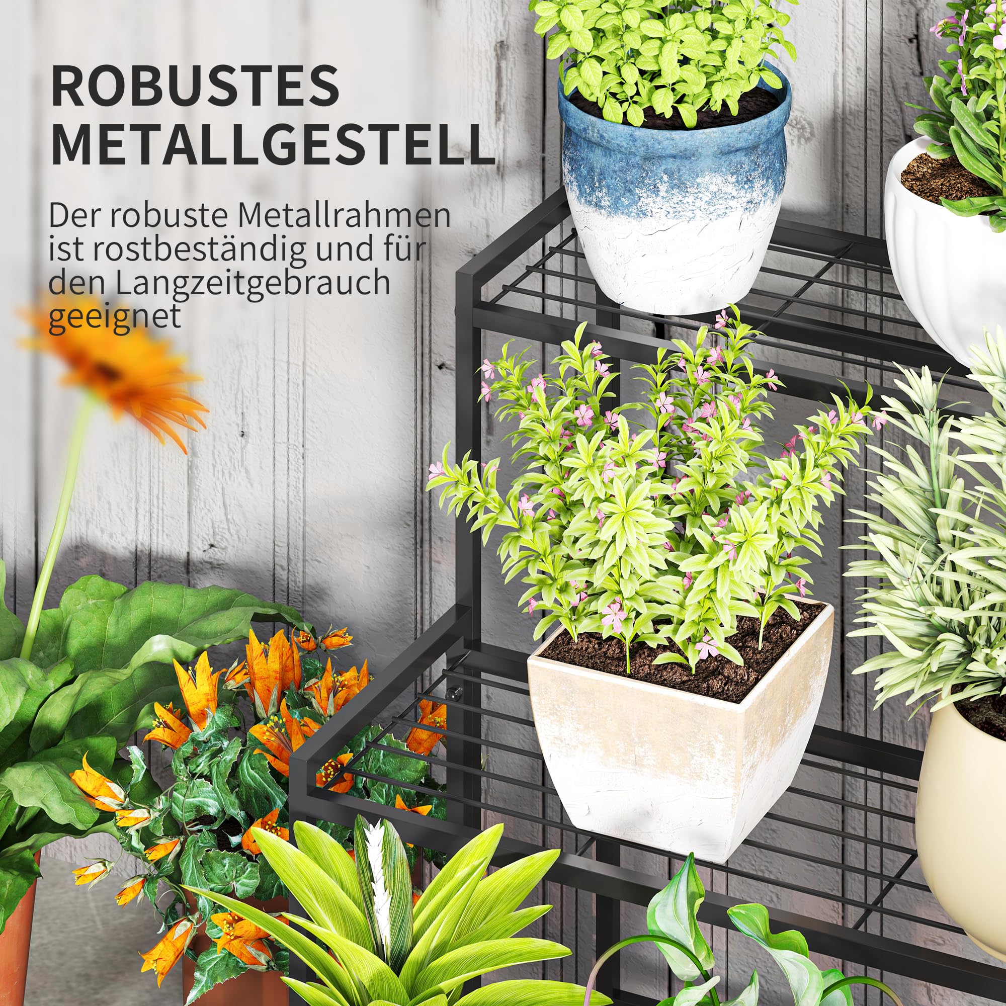 Outsunny 3-poziomowy stojak kwiatowy do domu i ogrodu metalowy 66cm czarny
