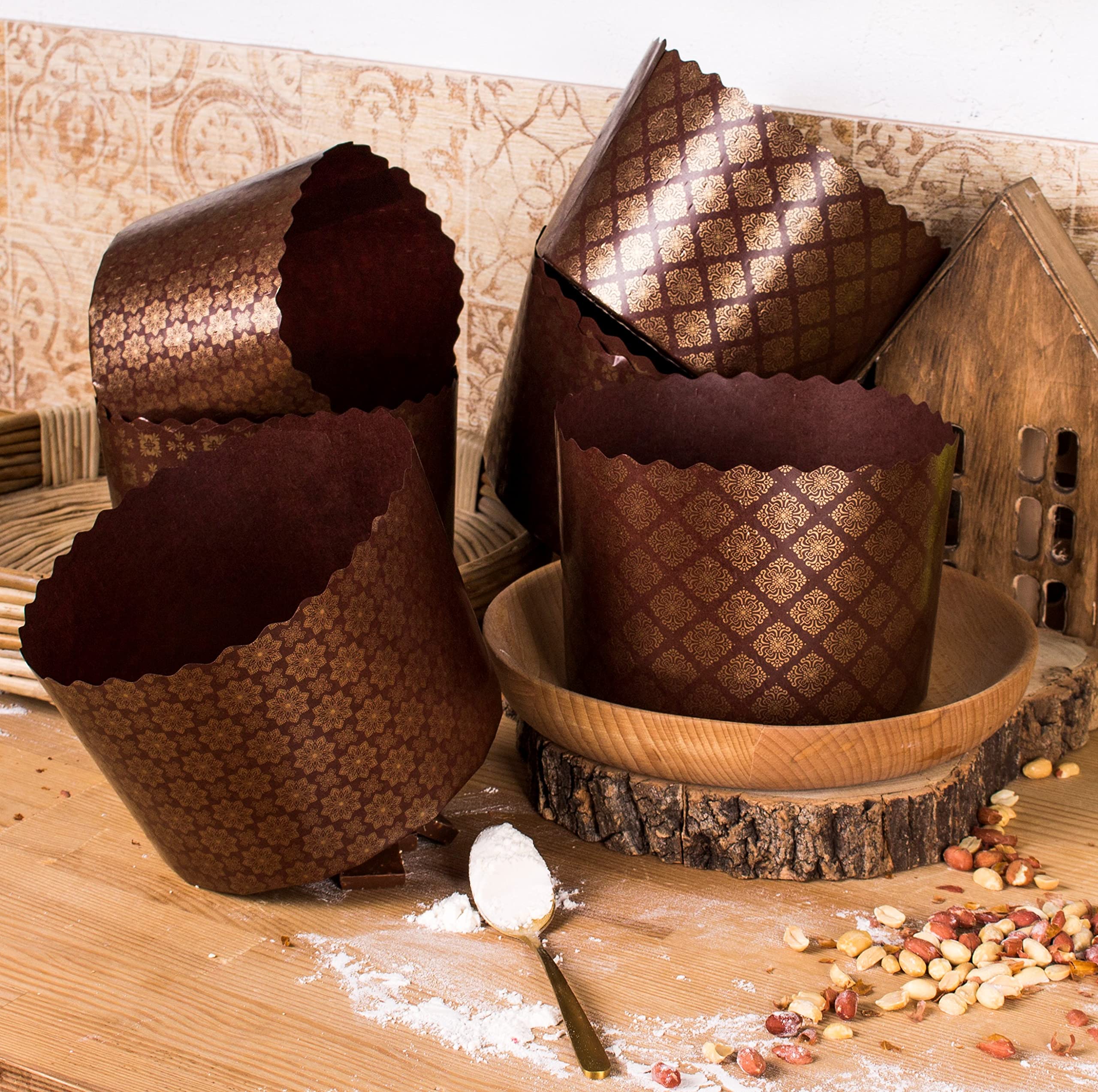 SHSH trade group 1 kg Corrugated Panettone Paper Mold | 5 Pack | Round Brown Non Stick Panettone Pan - Brown Design W 7 x H 4 5/16-In