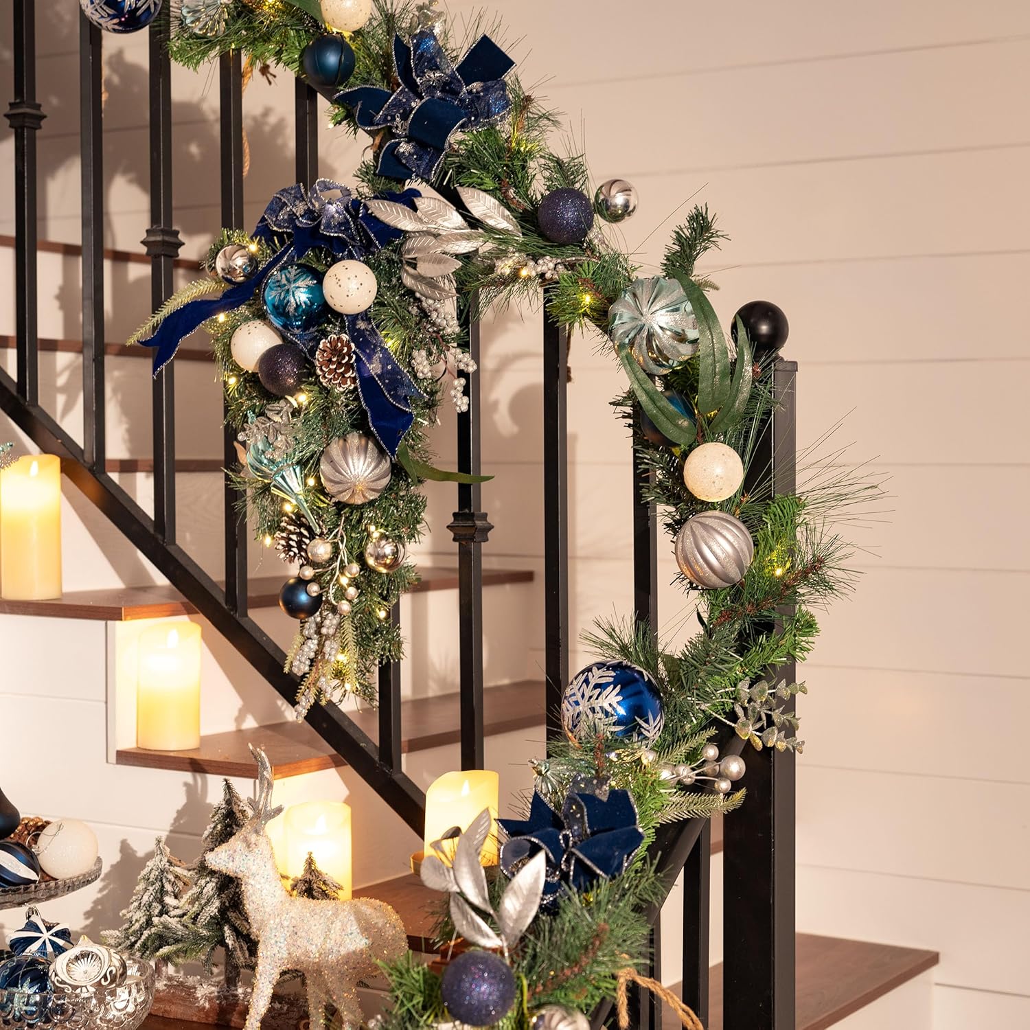 Valery Madelyn 9 Feet Pre-Lit Christmas Garland with Lights for Mantle, Lighted Outdoor Xmas Garland with Silvery Blue Ball & Ribbons for Home Stairs Fireplace Table Centerpiece Indoor Holiday Decor