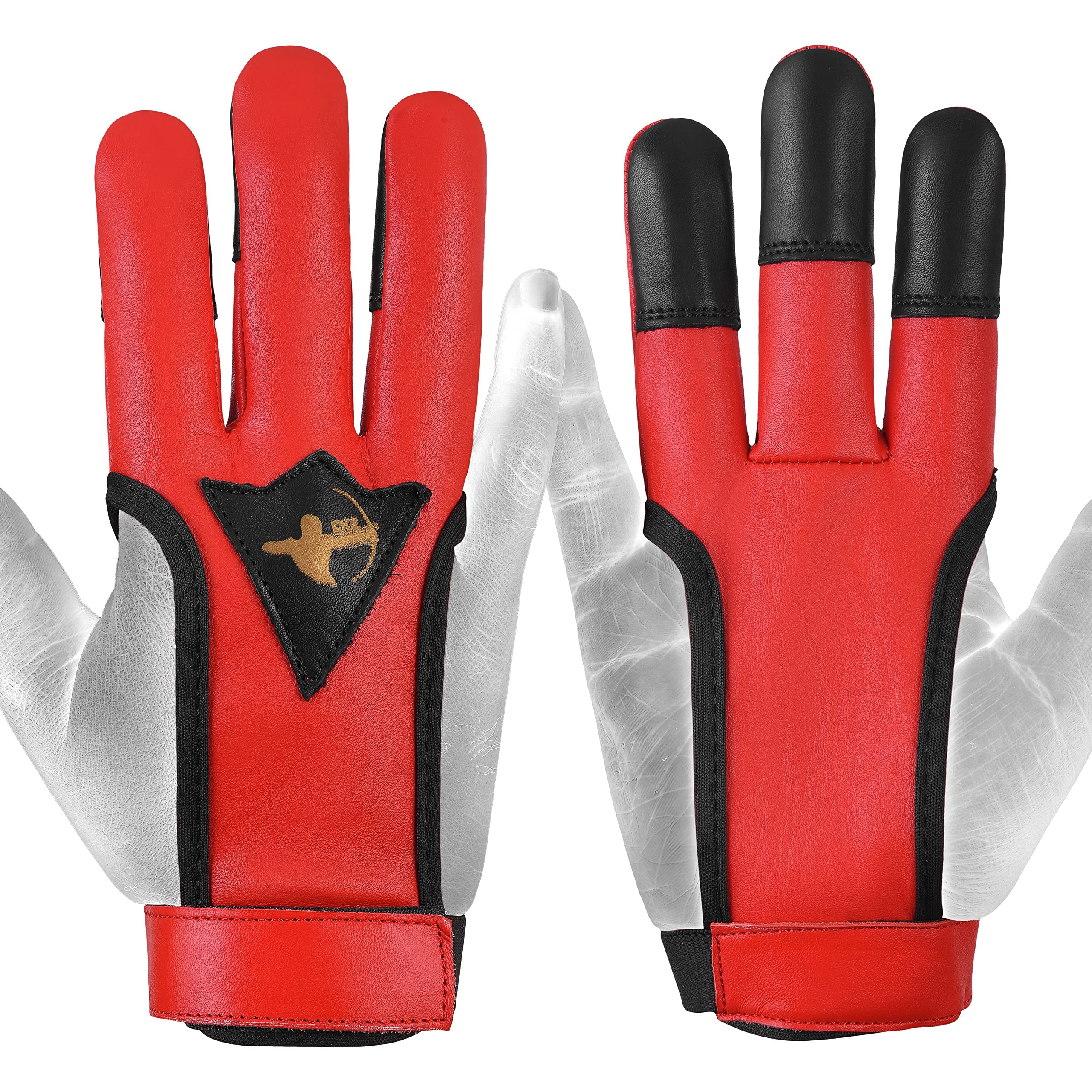 Daskz Archery Gloves Three Fingers Shooting Right hand Bow Gloves- Professional Leather hunting Gloves for Adults (Red, L, Left)