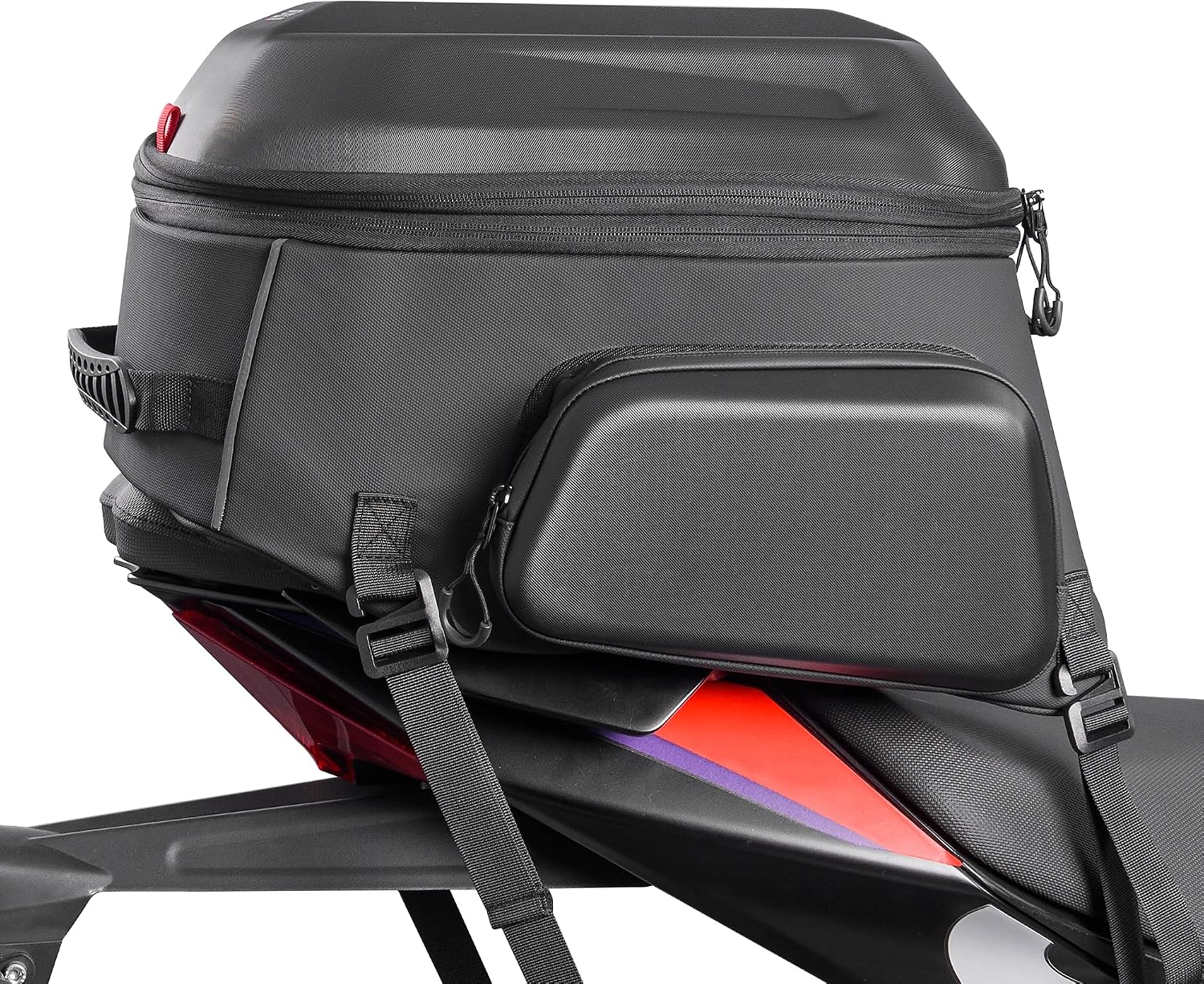 Motorcycle Universal Expandable Tail Bag EVA Polyester Waterproof Rear Seat Luggage HelmetBag Box Backpack with Zipper Flip-Top Closure, Elastic Strap & Magic Tape Mounting Fit for Almost Models