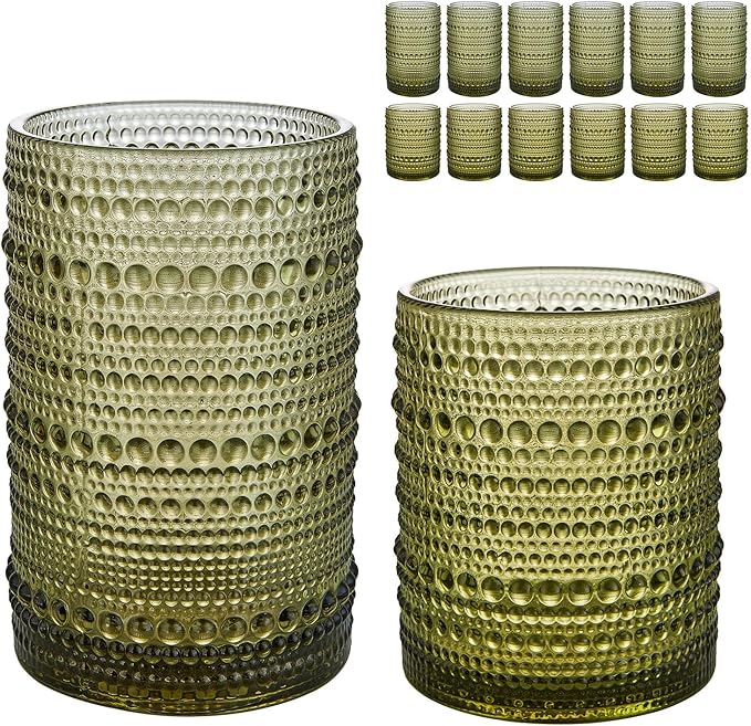 Vintage Hobnail Drinking Glasses Set of 12, 15 oz Highball Glasses & 12 oz Cocktail Glasses Set, Green Kitchen Water Glasses Cup, Bar Tumbler Glassware Set for Beer, Juice, Whiskey, Milk