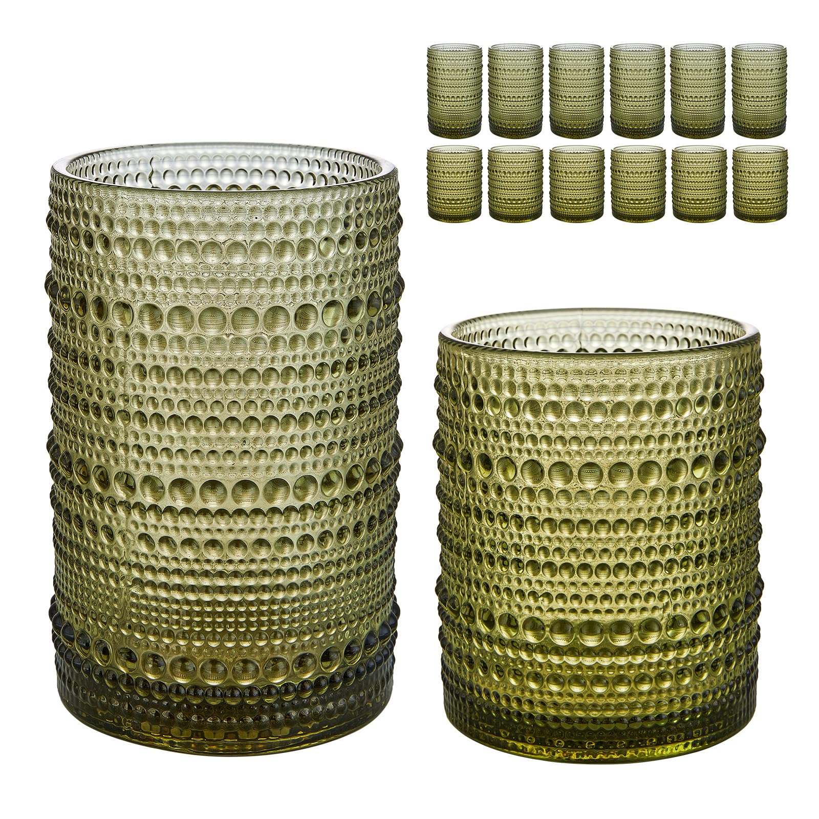 Vintage Hobnail Drinking Glasses Set of 12, 15 oz Highball Glasses & 12 oz Cocktail Glasses Set, Green Kitchen Water Glasses Cup, Bar Tumbler Glassware Set for Beer, Juice, Whiskey, Milk