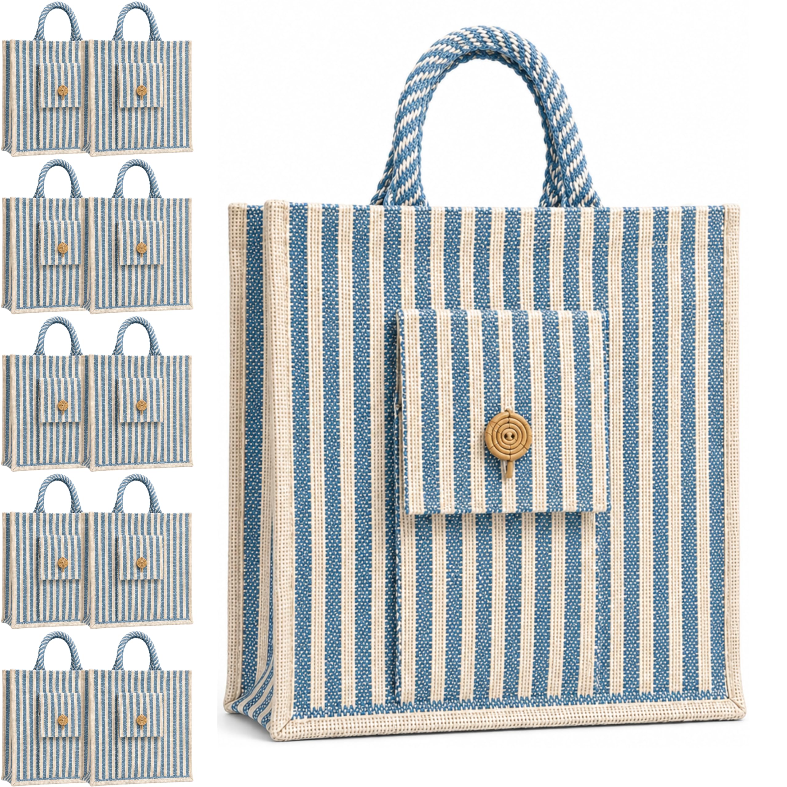 cantainoo Jute Bags for Return Gifts | Return Gift Bags | Eco-Friendly Reusable Jute Bags for Gifting, Shopping & Daily Use (10, Pocket Stripes Blue_Zip)