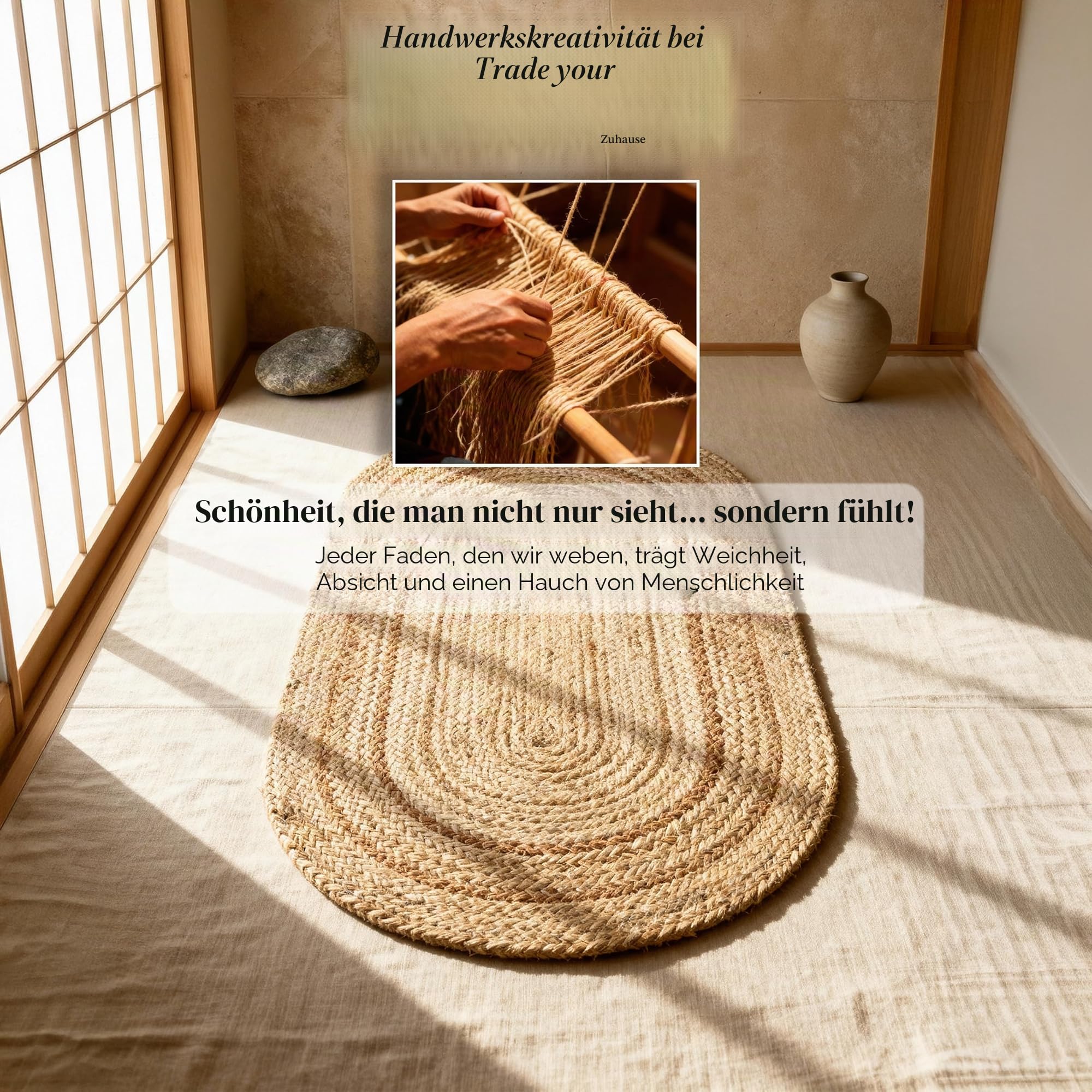 Craft Trade Handgewebt Natur Boho Jute Teppich Reversibel Geflochten Waschbarer Oval Juteteppich für Küche Wohnzimmer und Schlafzimmer- 90x150 cm