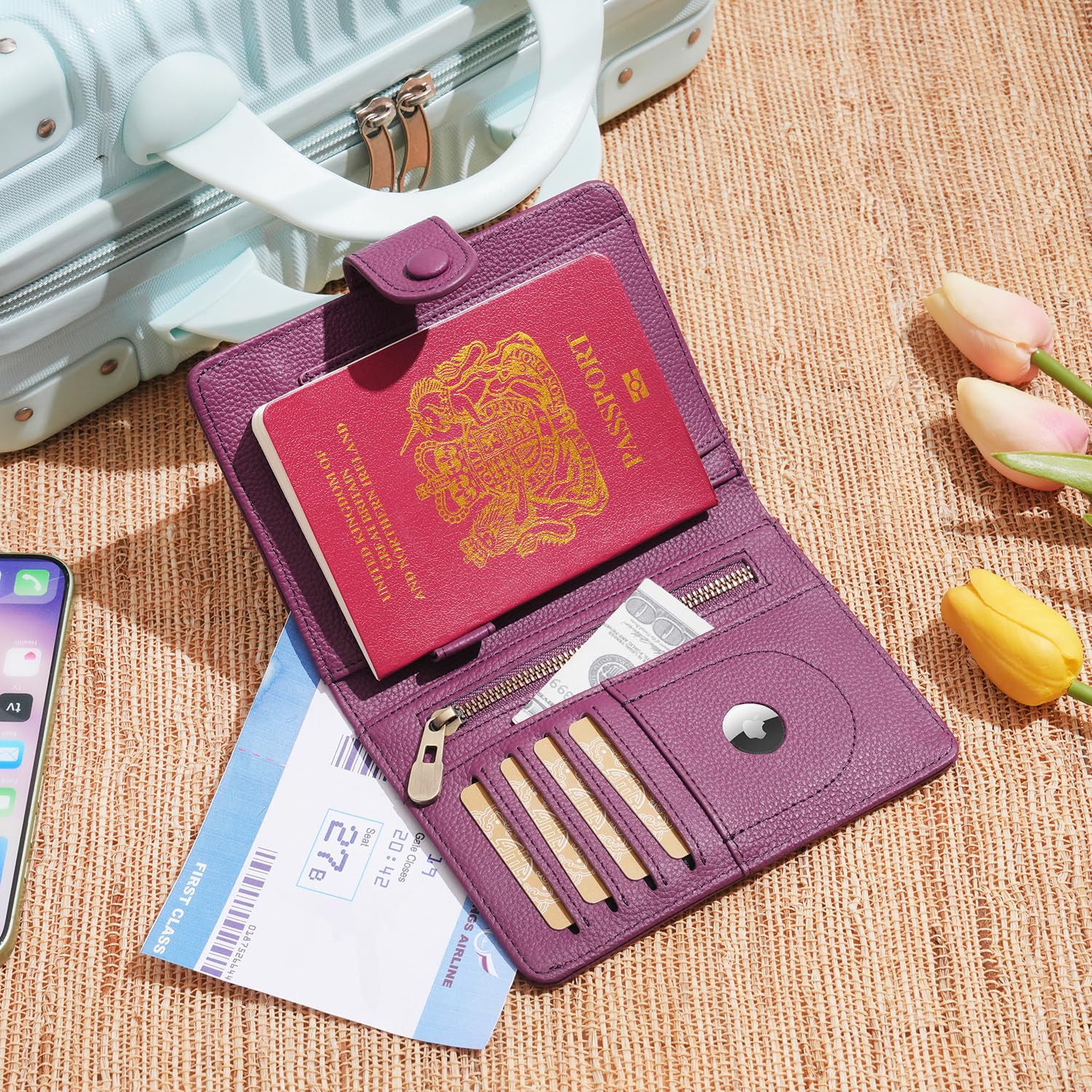 WASON Protège-Passeport en Cuir Véritable avec RFID, Portefeuille de Voyage, Fentes Cartes, Poche Monnaie, Porte-Monnaie, Emplacement Traceur, Organisateur Billets Avion pour Homme et Femme(Paars)