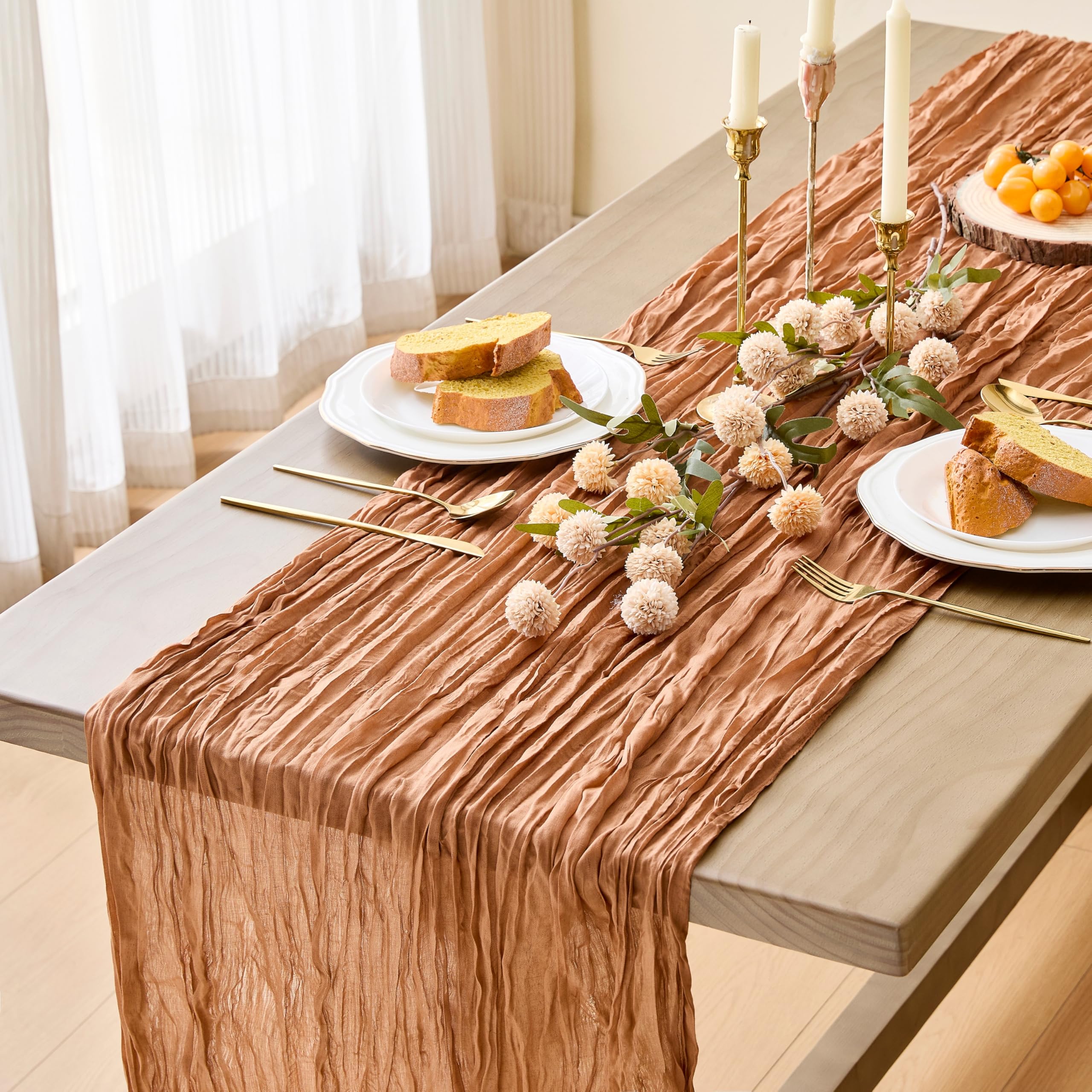 MAIBAOTA Brown Cheesecloth Table Runner 90 x 300 cm Boho Rustic Gauze Cheese Cloth Table Runners for Wedding Arch Chair Backs Decorations Birthday Party Baby Bridal Shower Decor
