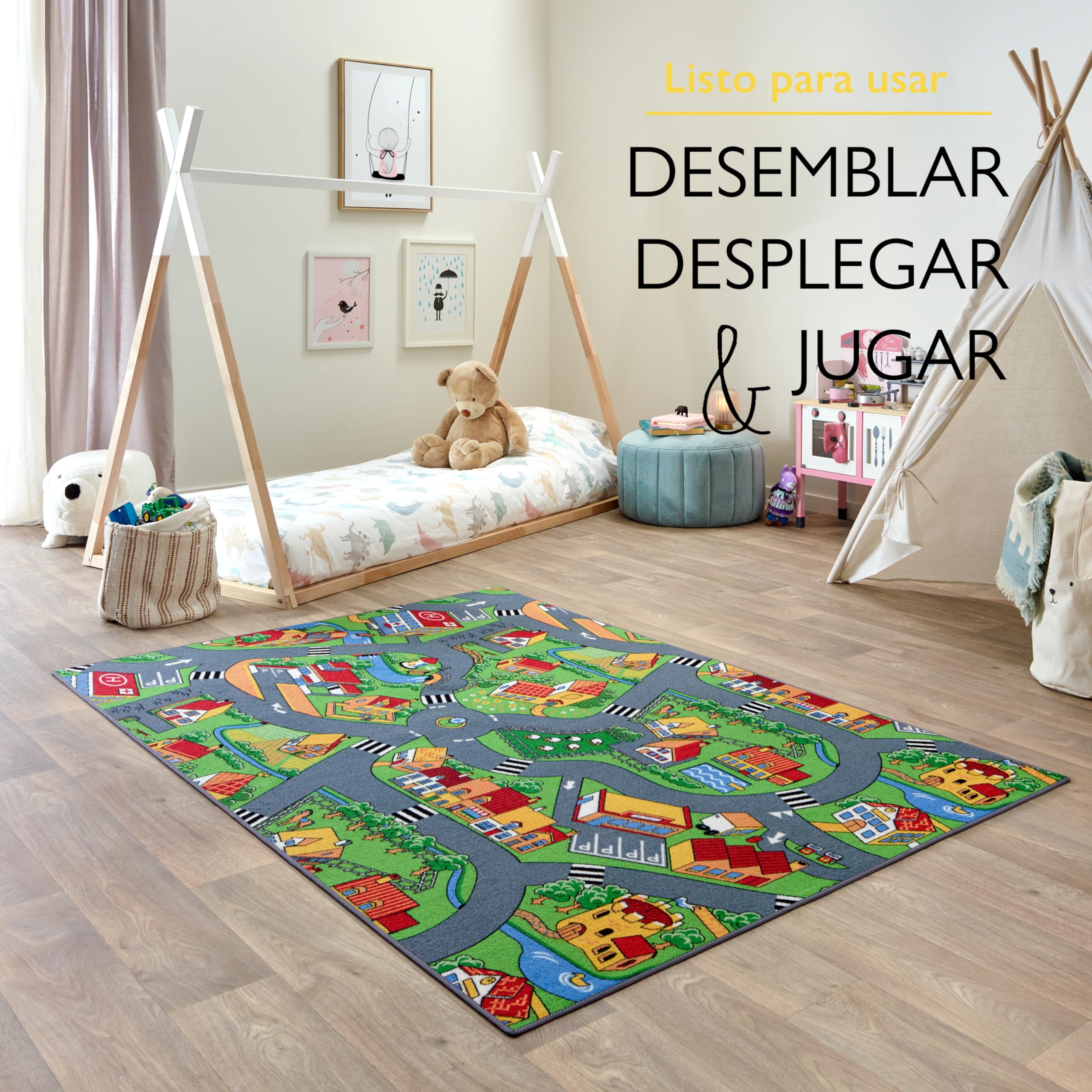Carpet Studio Alfombra Carretera 95x133cm, Alfombra Infantil para Dormitorio & Cuarto de Jugar, Lavable a Máquina, Fácil de Limpiar, Anti-Deslizante - Little Village
