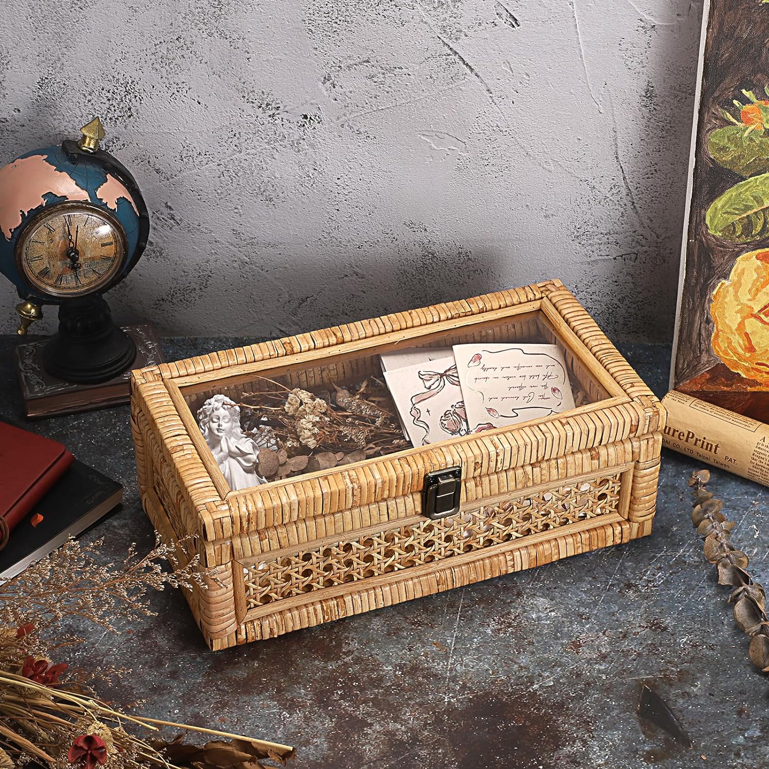Hipiwe Rattan Decorative Box with Clear Lid and Lock - Natural Woven Wicker Basket Bin Rectangular Basket Organizer Vintage Wood and Cane Display Boxes for Shelves Home Storage and Decor