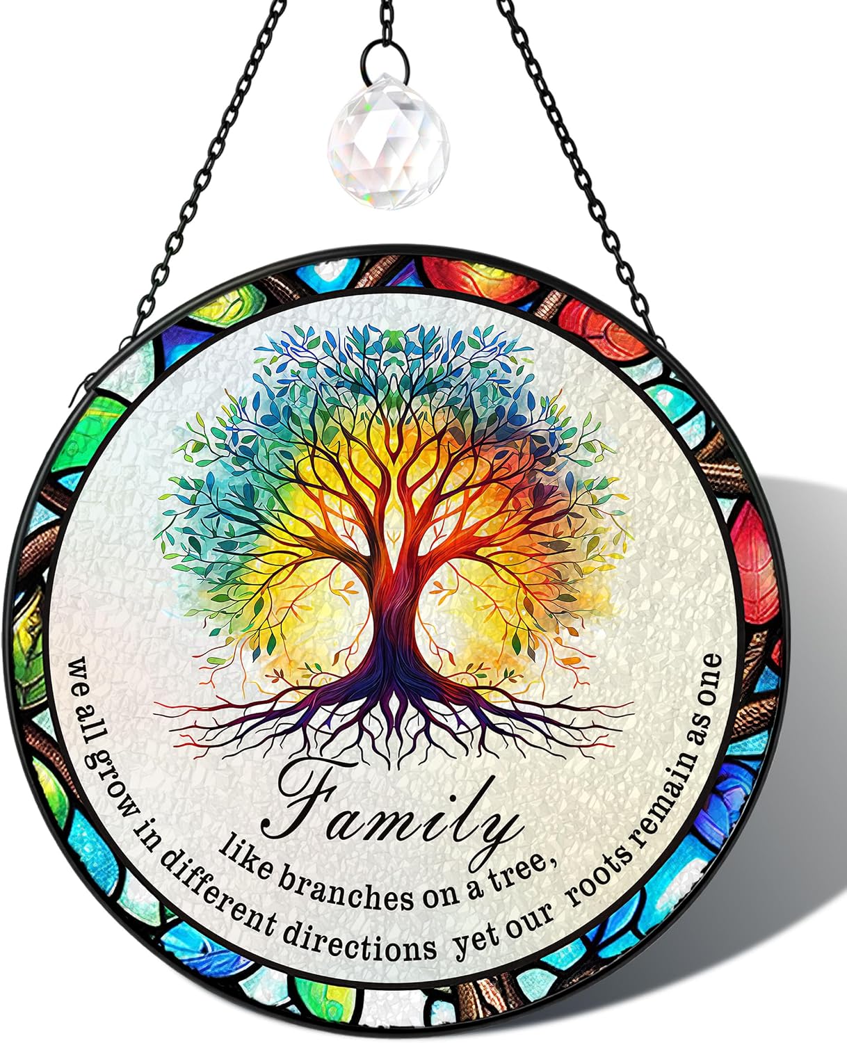 Tree of Life Stained Glass Window Hanging Family Tree Suncatcher for Door Home Decor Desk Decorations Gifts for Women (Glass-Family Branches, 7.8x7.8 in)