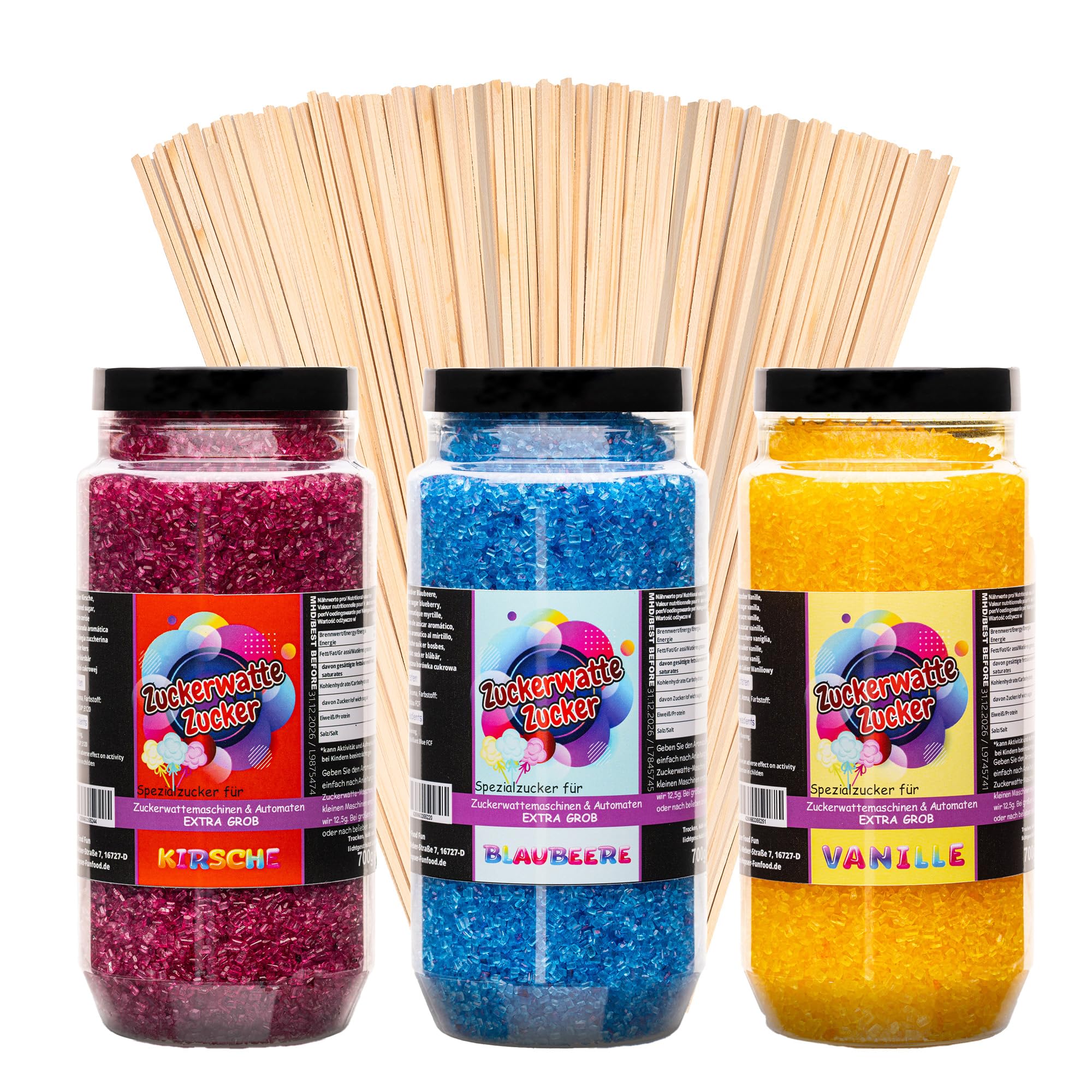 Zuckerwatte Zucker Set XL Grob 3x700 g mit 100 Stäben 2100 g (Blaubeere, Kirsche, Vanille)