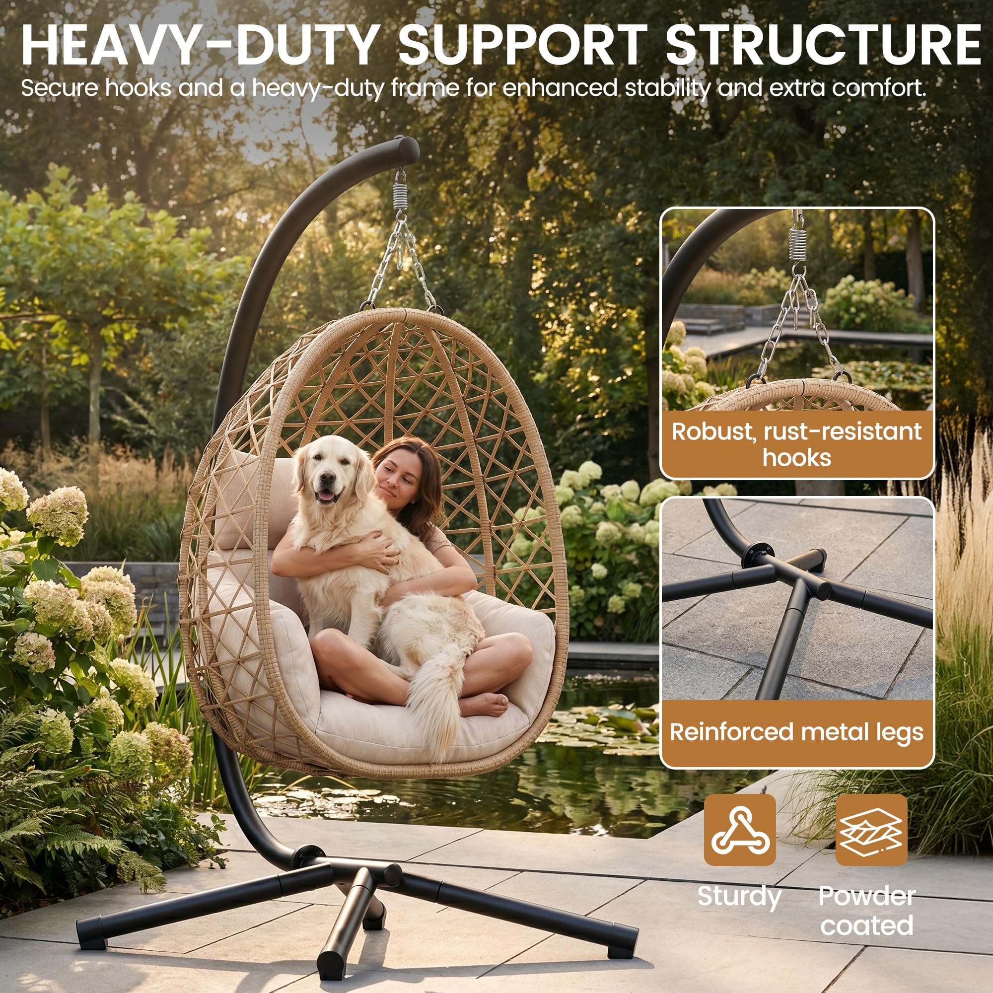 UDPATIO Fauteuil Suspendu Exterieur Oeuf Suspendu Exterieur Jardin avec Support, Capacité 160 kg, Coussin Épais 18 cm, Rotin PE, pour Jardin Balcon Terrasse, Beige