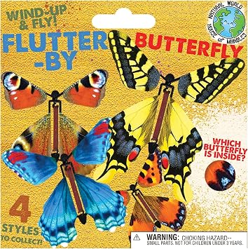 House of Marbles Flutter-by Butterfly Wind-Up Surprise Toy, Rubber Band Powered Flying Butterfly for Books and Greeting Cards, One Random Realistic Design