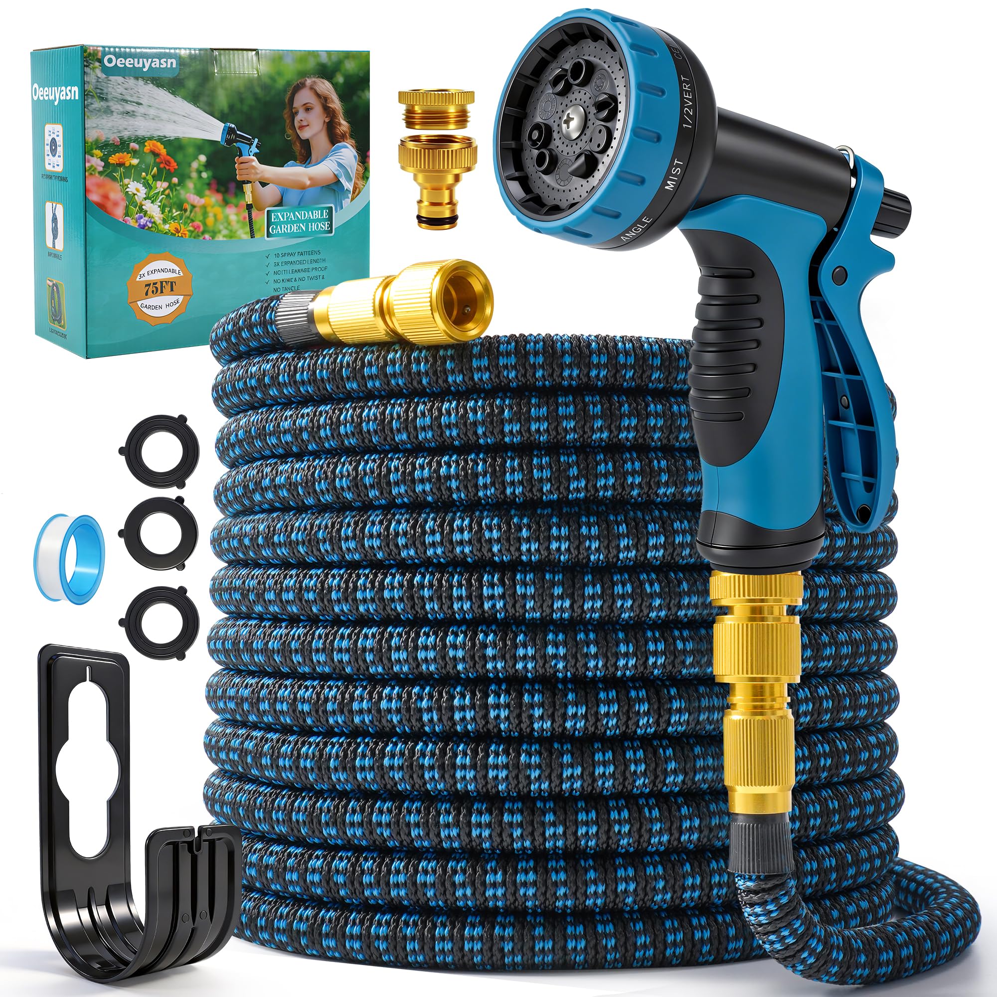 Flexibler Gartenschlauch 22,5 m (75 ft) mit 10-Funktions-Gartenbrause, 3/4"- und 1/2"-Anschlüsse, dehnbarer Wasserschlauch, auslaufsicher, knickfrei, für Garten, Autowäsche und Haustierbaden