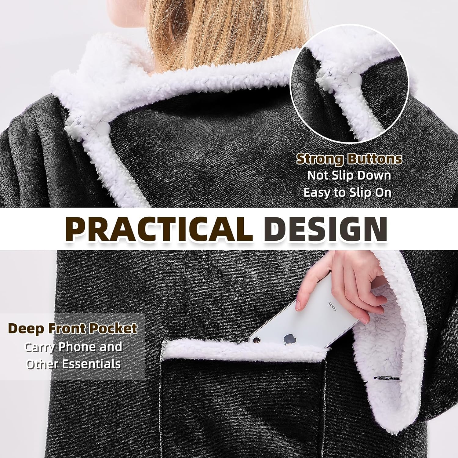 IFNOW Sherpa Wearable Blanket with Sleeves for Women Men Adults, Christmas Birthday Gifts for Women Mom Wife, Cozy Wearable Blanket with Arm and Pocket, Warm Full Body TV Wrap Throw Blanket, Black - Image 9