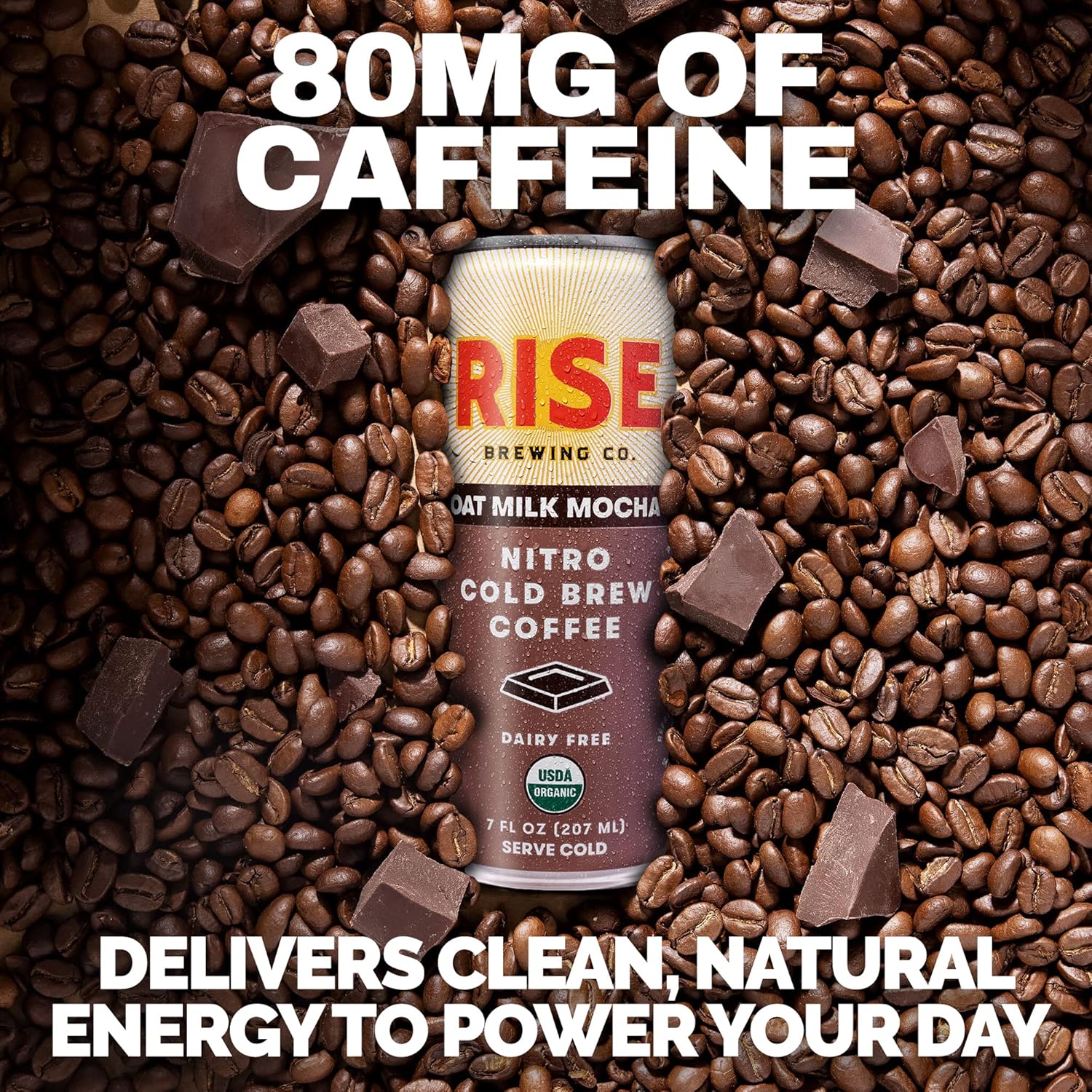 RISE Brewing Co. Oat Milk Mocha Nitro Cold Brew Latte, Vegan & Non-Dairy, Organic, Non-GMO, Low Acidity, 7 fl. oz. Cans (12 Pack)