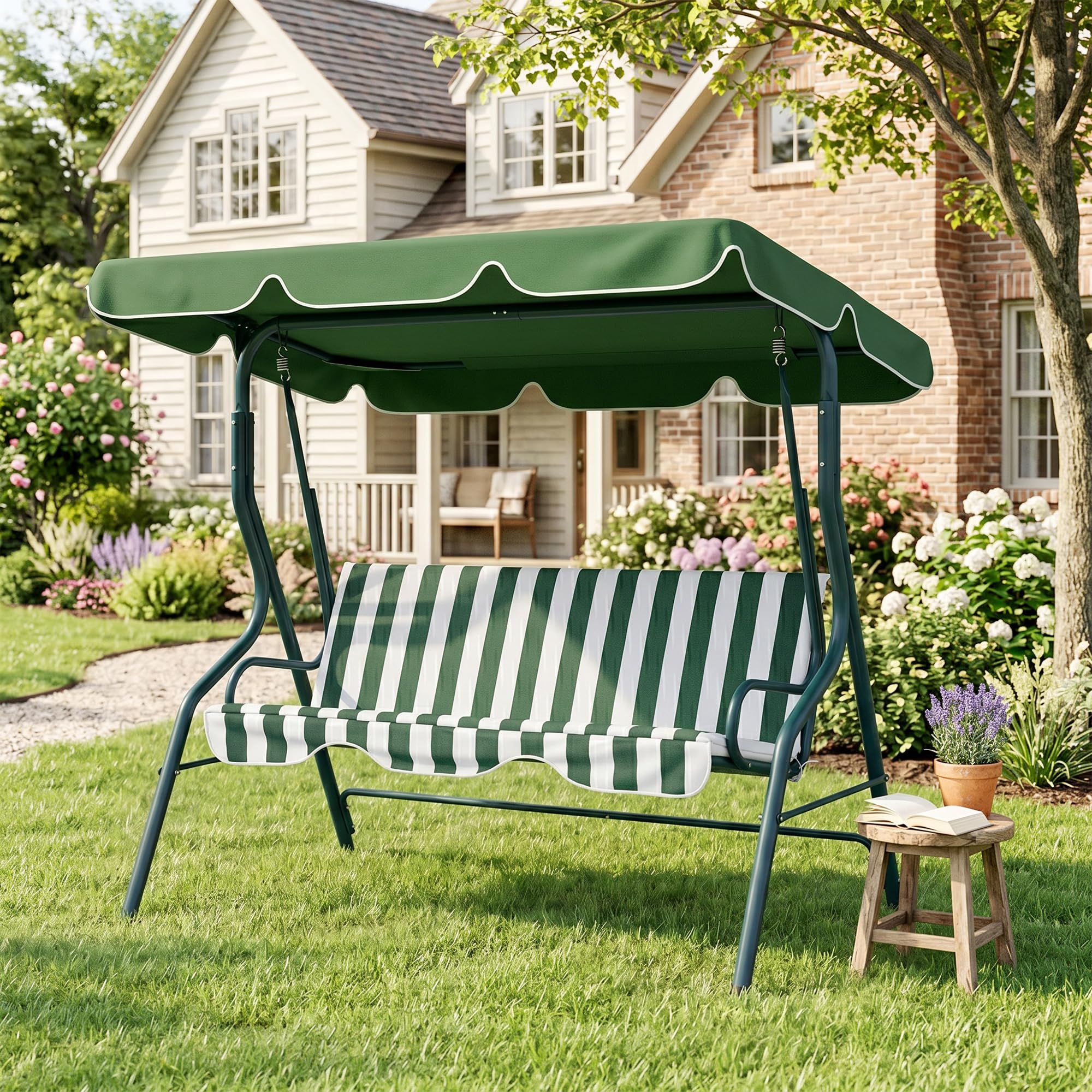 Outsunny Dondolo da Giardino 3 Posti con Tettuccio Parasole Regolabile Rimovibile, Dondolo da Esterno con Cuscino Morbido in Poliestere, Portata 240 kg, 170x110x153 cm, Verde e Bianco