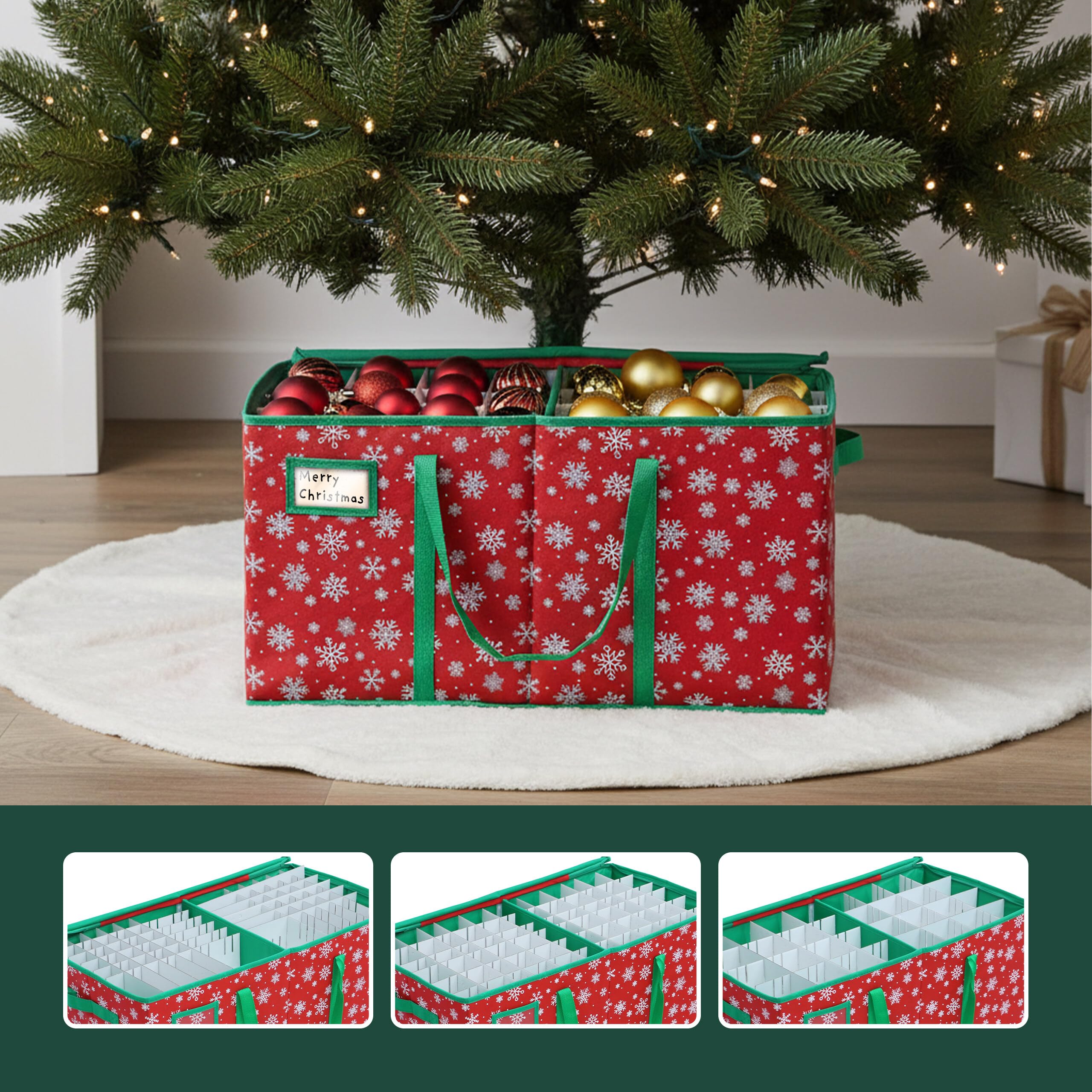 Relaxdays Weihnachtskugel Aufbewahrungsbox, 128 Kugeln, HxBxT: 33 x 66 x 33 cm, Schneeflocken, Vlies, Pappe, rot/grün