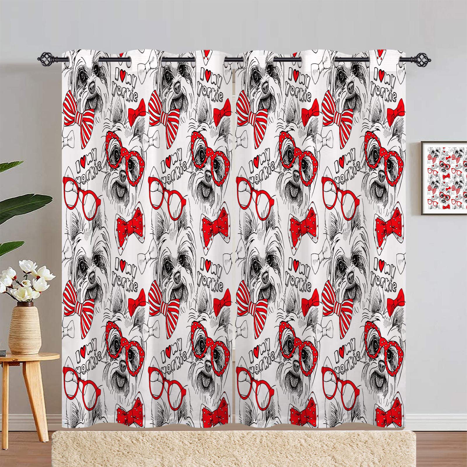 ANHOPE Dog Curtains Eyelet 80% Blackout Room Darkening Curtains with Hand Drawn Yorkie Bows Glasses Tie Print Pattern Light Blocking Window Drapes for Bedroom Living Room 46 x 72 Inch Drop 2 Panels
