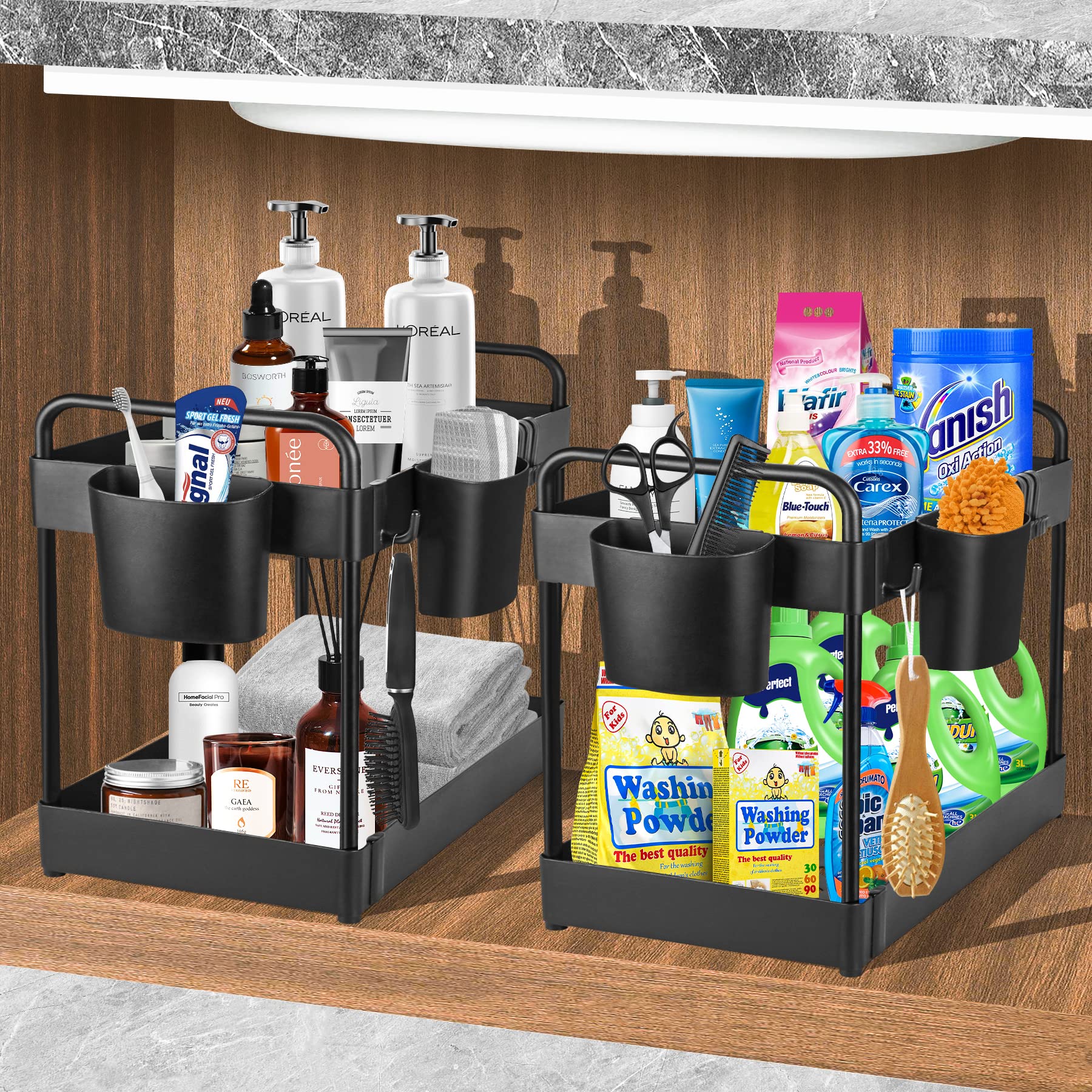 Photo 1 of 2 Pack Under Sink Organizer Rack 2 Tier Under Kitchen Sink Storage, Multi Purpose Storage Shelf with Hooks and Hanging Cups, Pedestal Sink Storage Cabinet for Kitchen Bathroom Countertop (Black) 2P