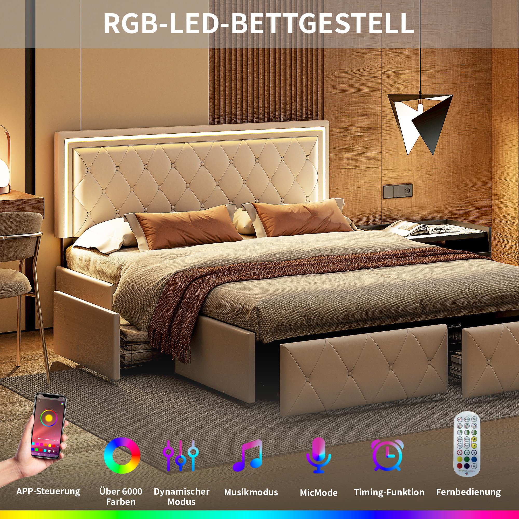 Cama Acolchada de Matrimonio con 4 cajones y LED, Estructura de Cama de Matrimonio, Plataforma de Poliuretano con somier de láminas de Madera, sin colchón (Beige, 140x200cm)