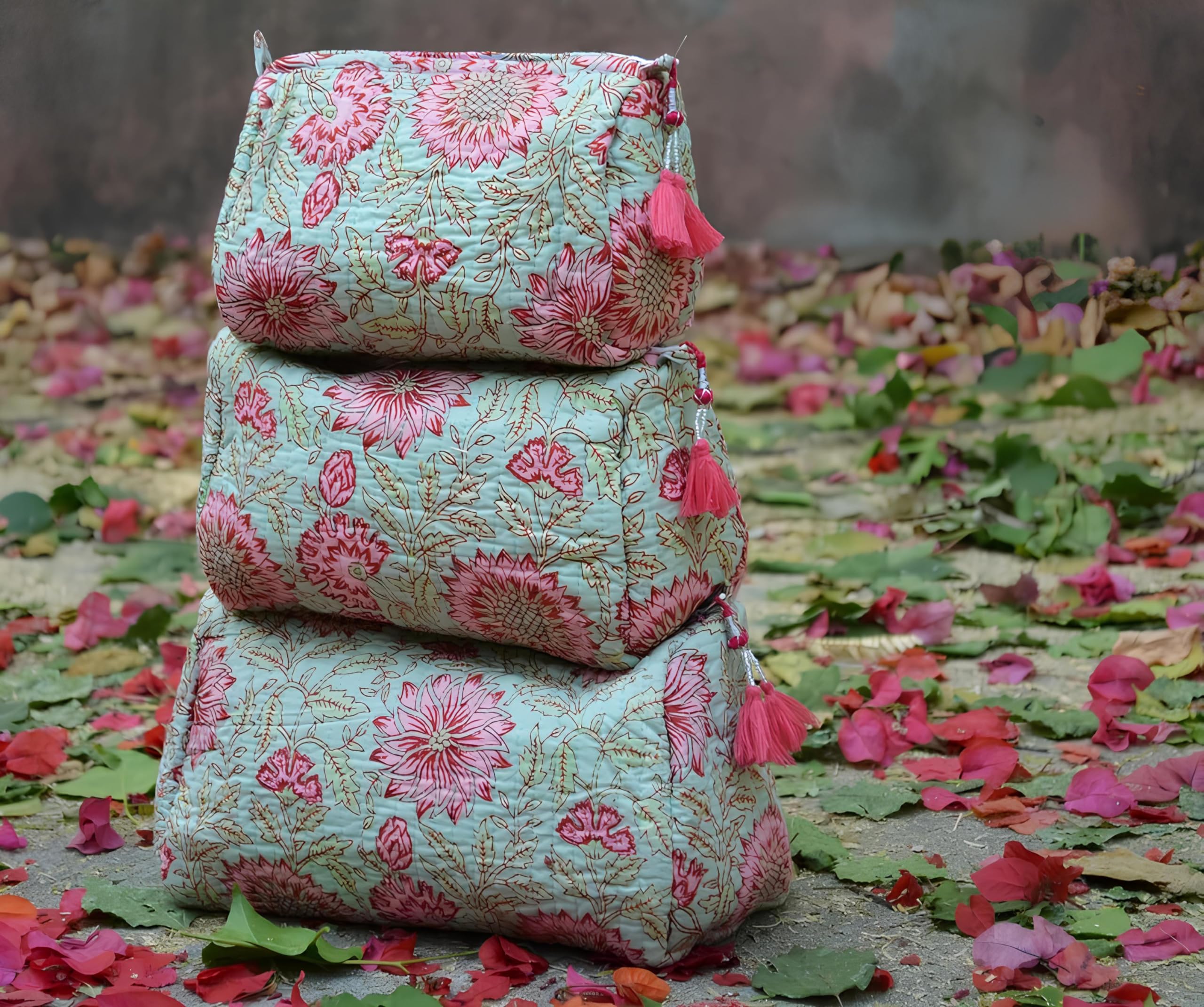 INDACORIFY Juego de 3 Bolsas Acolchadas de algodón Indio, Kit de Afeitado, artículos de tocador, Bolsa de Maquillaje con Estampado de Bloques Florales