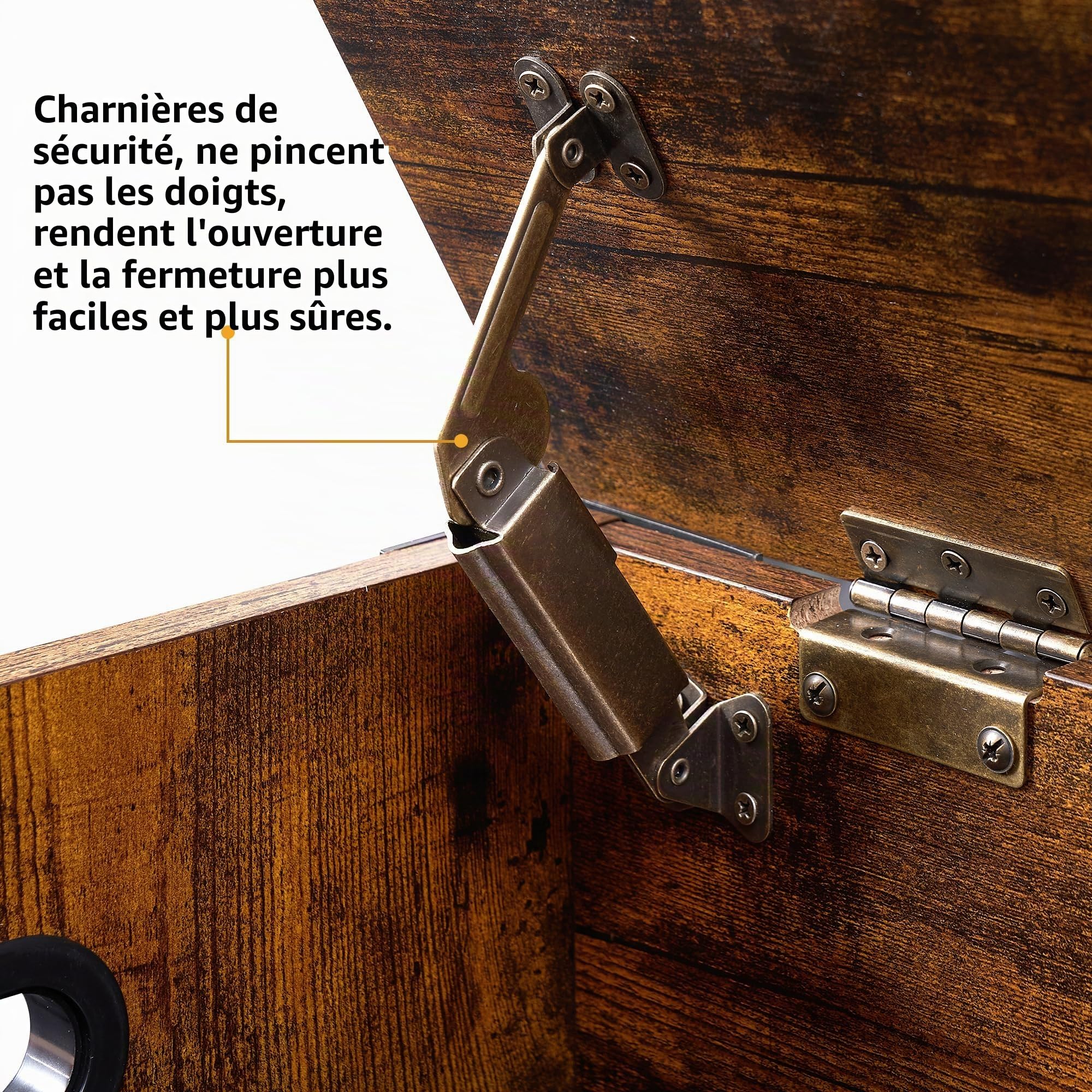 Banc avec espace de rangement, coffre avec couvercle, 60 cm de long, 2 charnières de sécurité, charge maximale : 136 kg, coffre en bois, pour couloir, chambre à coucher, salon, marron