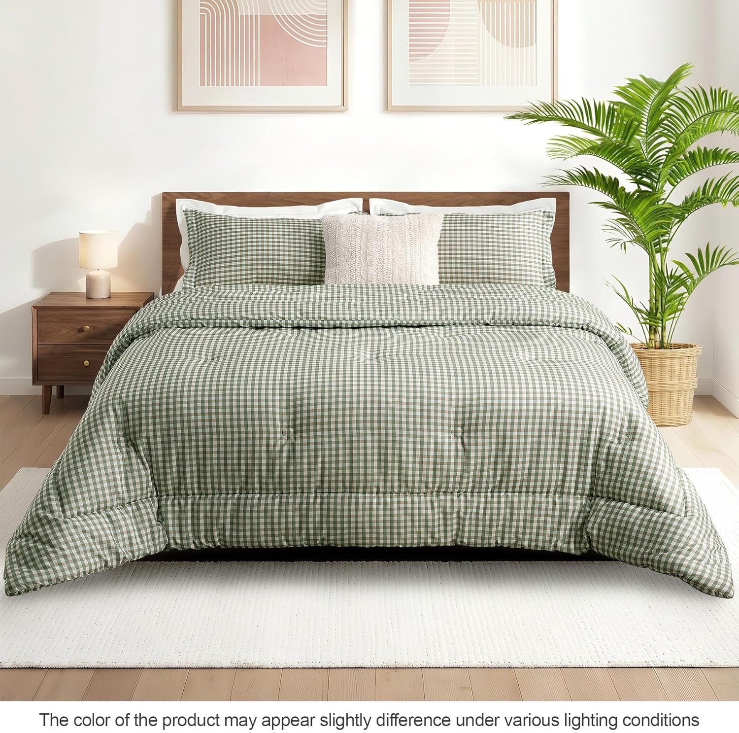 Queen Comforter Set, Modern Plaid Checkered Bedding, Green Gingham Brown Grid Bed Comforter, Soft Fluffy Breathable Farmhouse Dorm Bedding, All Seasons 3 Piece Set