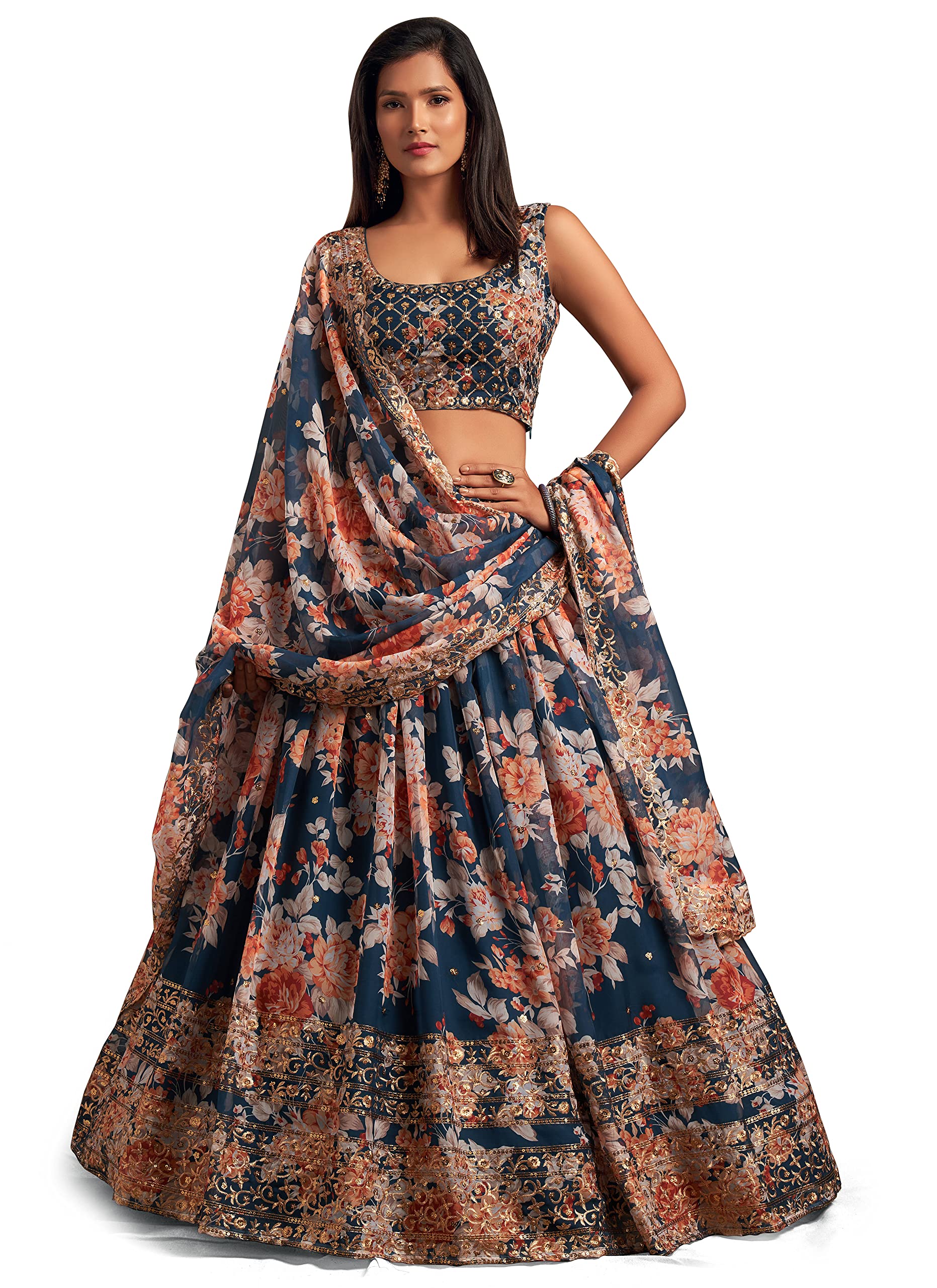 Zeel ClothingWomen's Organza Floral White Semi-Stitched Lehenga Choli (7611-Wedding-Floral-Lehenga-Latest, White), Dove Blue, One Size