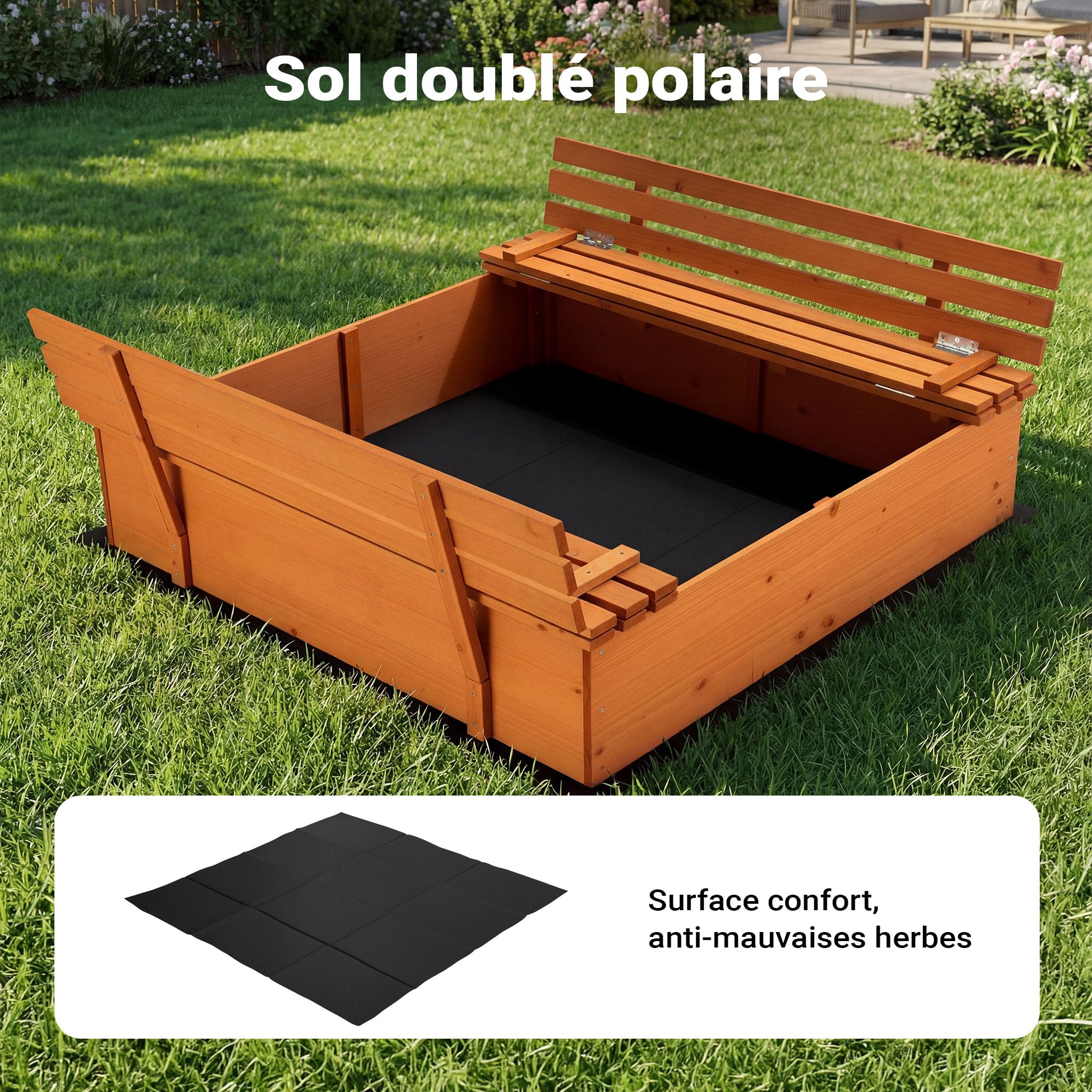 Wiltec Bac à Sable – 98 x 98 x 21 cm – en Bois d’épicéa – avec Couvercle Repliable, 2 Bancs intégrés, Sol Non-tissé – Jeux extérieur Enfants